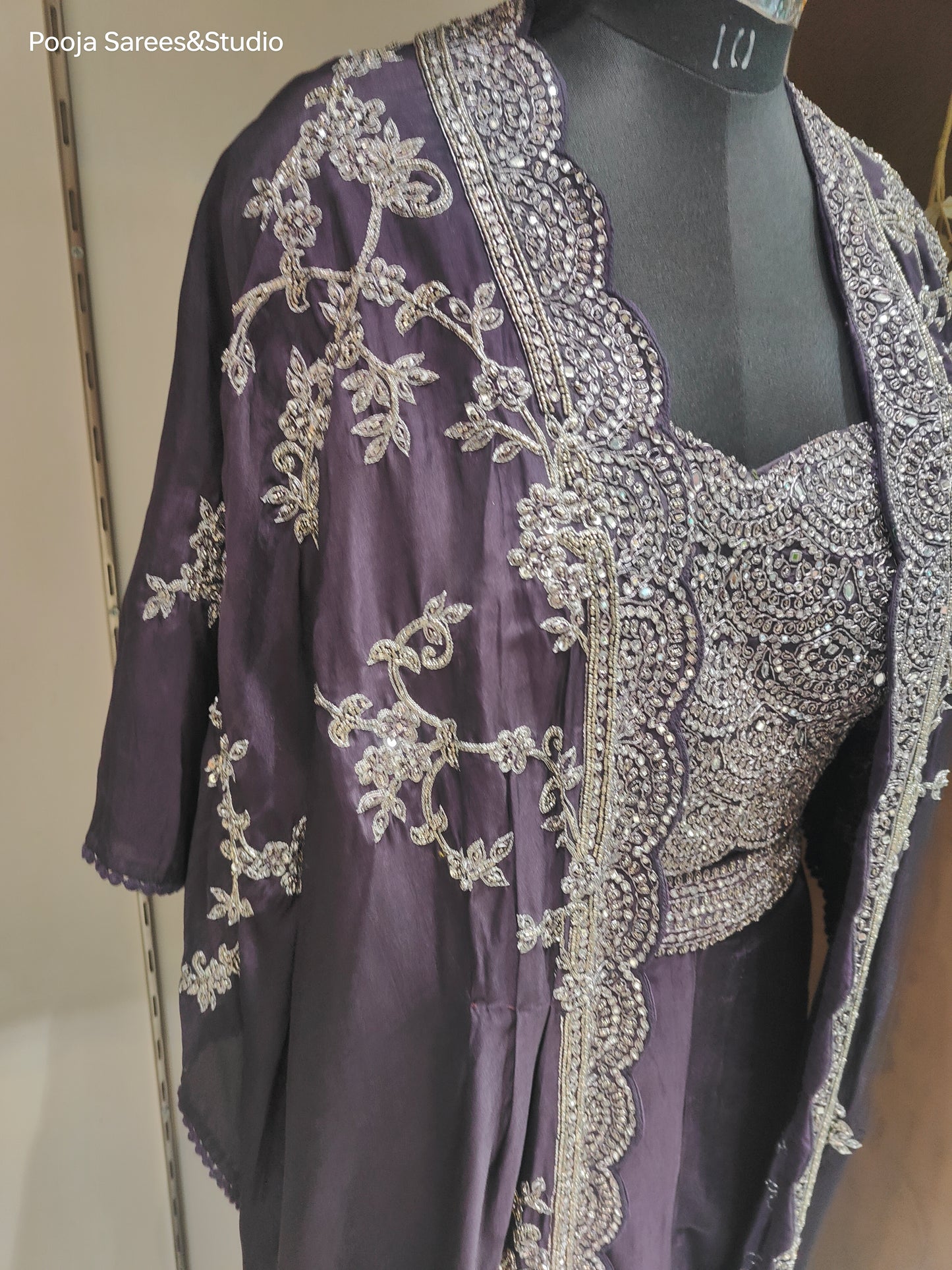 AARSAA Wine Raw Silk Mirror and sequence work blouse with Katdana work long jacket and Flared Pallazo