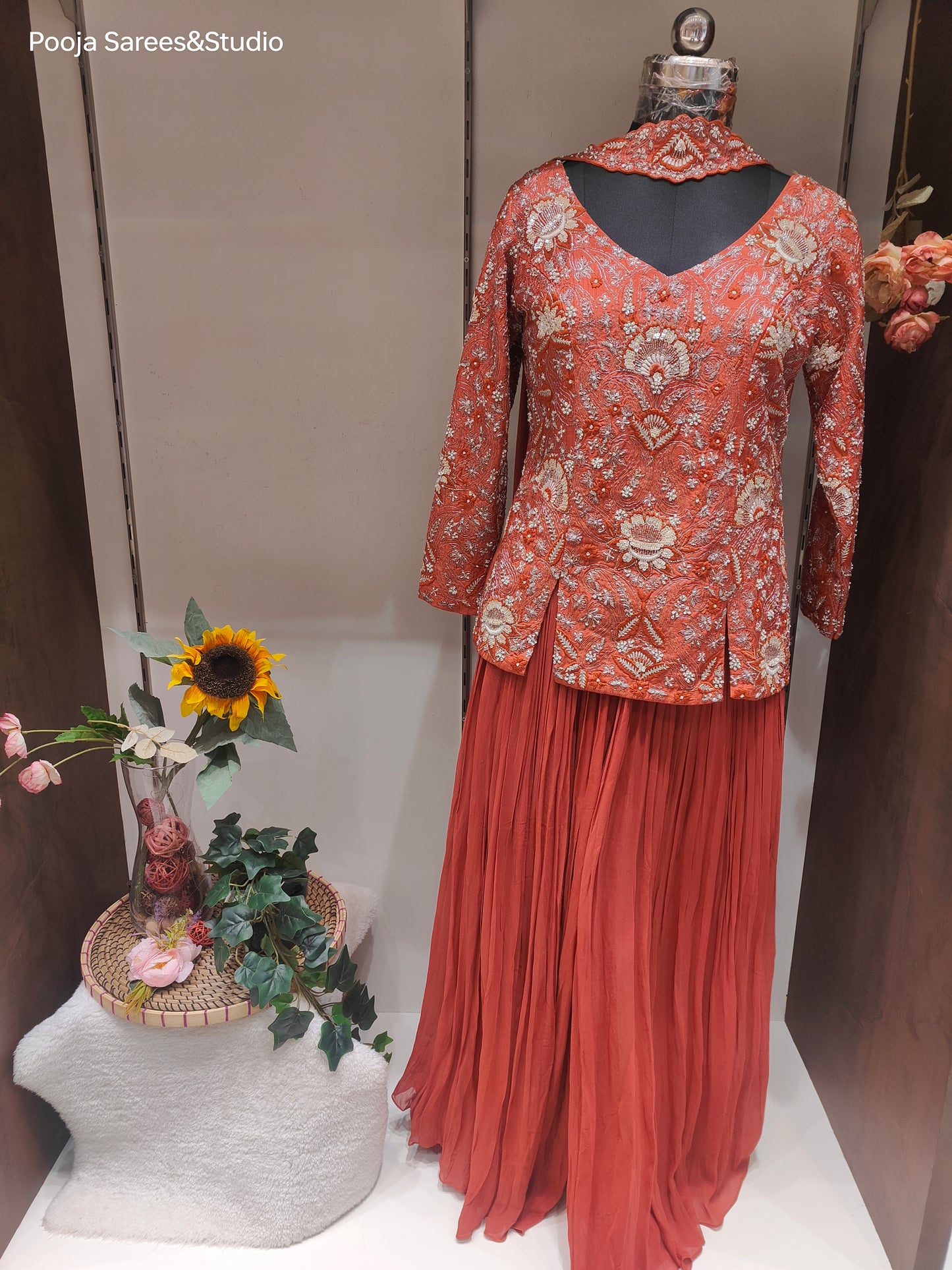 AARSAA Rust Hand Threadwork, Katdana , Sequence Top with Flared Pallazo and Work Choker Dupatta