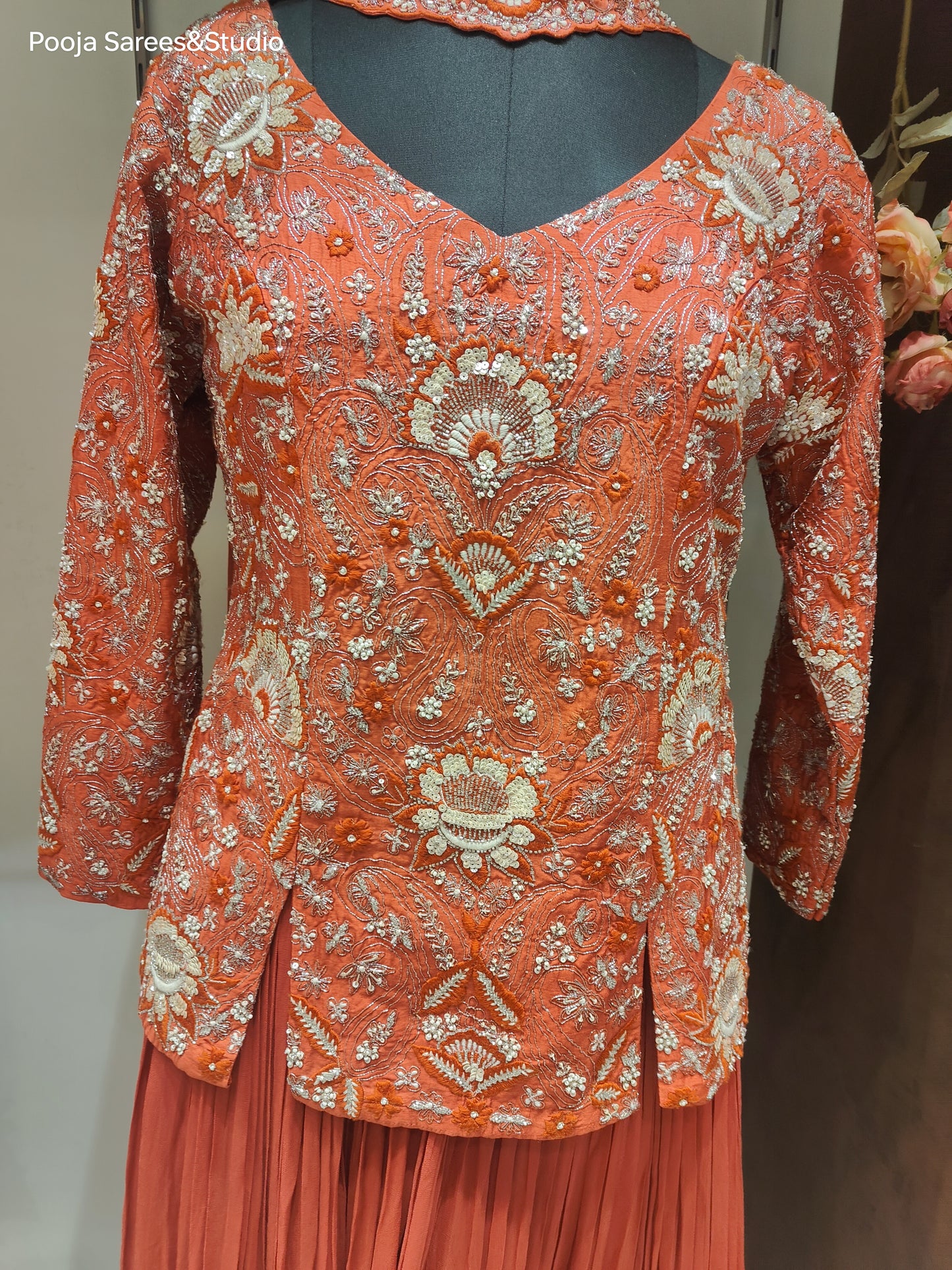 AARSAA Rust Hand Threadwork, Katdana , Sequence Top with Flared Pallazo and Work Choker Dupatta