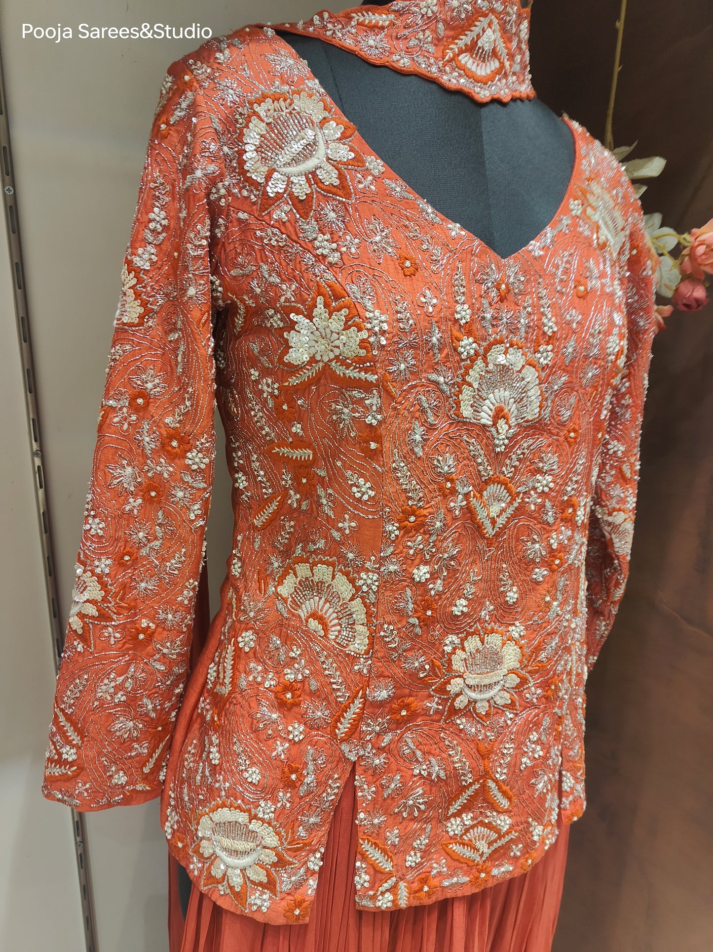 AARSAA Rust Hand Threadwork, Katdana , Sequence Top with Flared Pallazo and Work Choker Dupatta