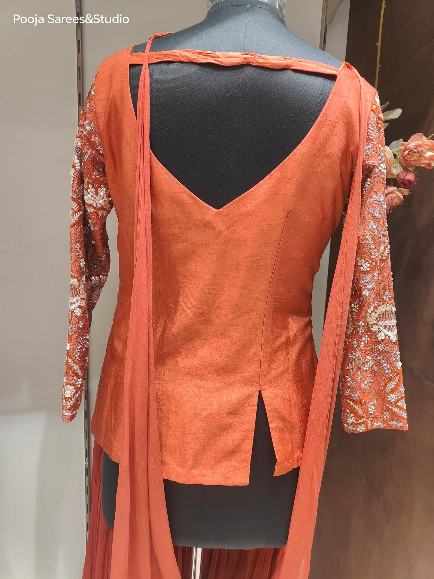 AARSAA Rust Hand Threadwork, Katdana , Sequence Top with Flared Pallazo and Work Choker Dupatta