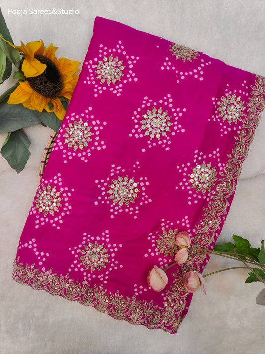 AARSAA Fuschia Pure Gaji Silk Bandhani Sarees Pure Gota Hand Work With Unstitched Blouse