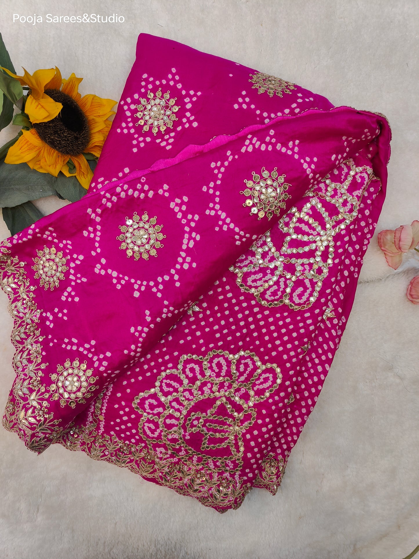 AARSAA Fuschia Pure Gaji Silk Bandhani Sarees Pure Gota Hand Work With Unstitched Blouse