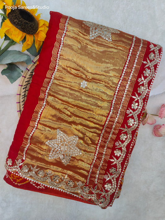 AARSAA Red Pure Gaji Silk Bandhani Zari Pallu Gota Work Saree with Unstitched blouse