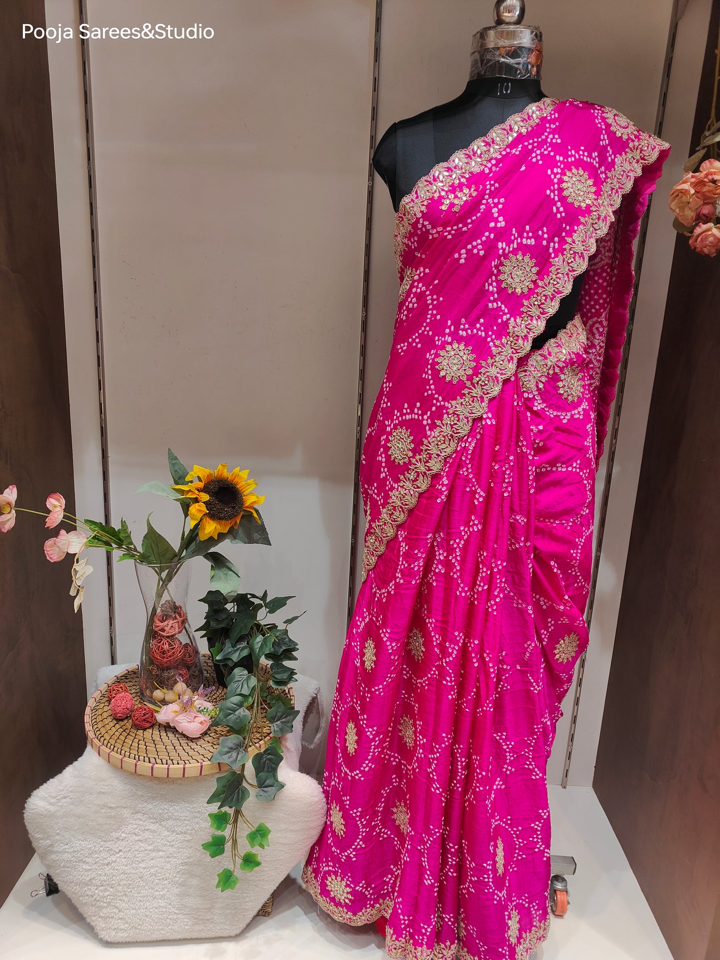 AARSAA Fuschia Pure Gaji Silk Bandhani Sarees Pure Gota Hand Work With Unstitched Blouse