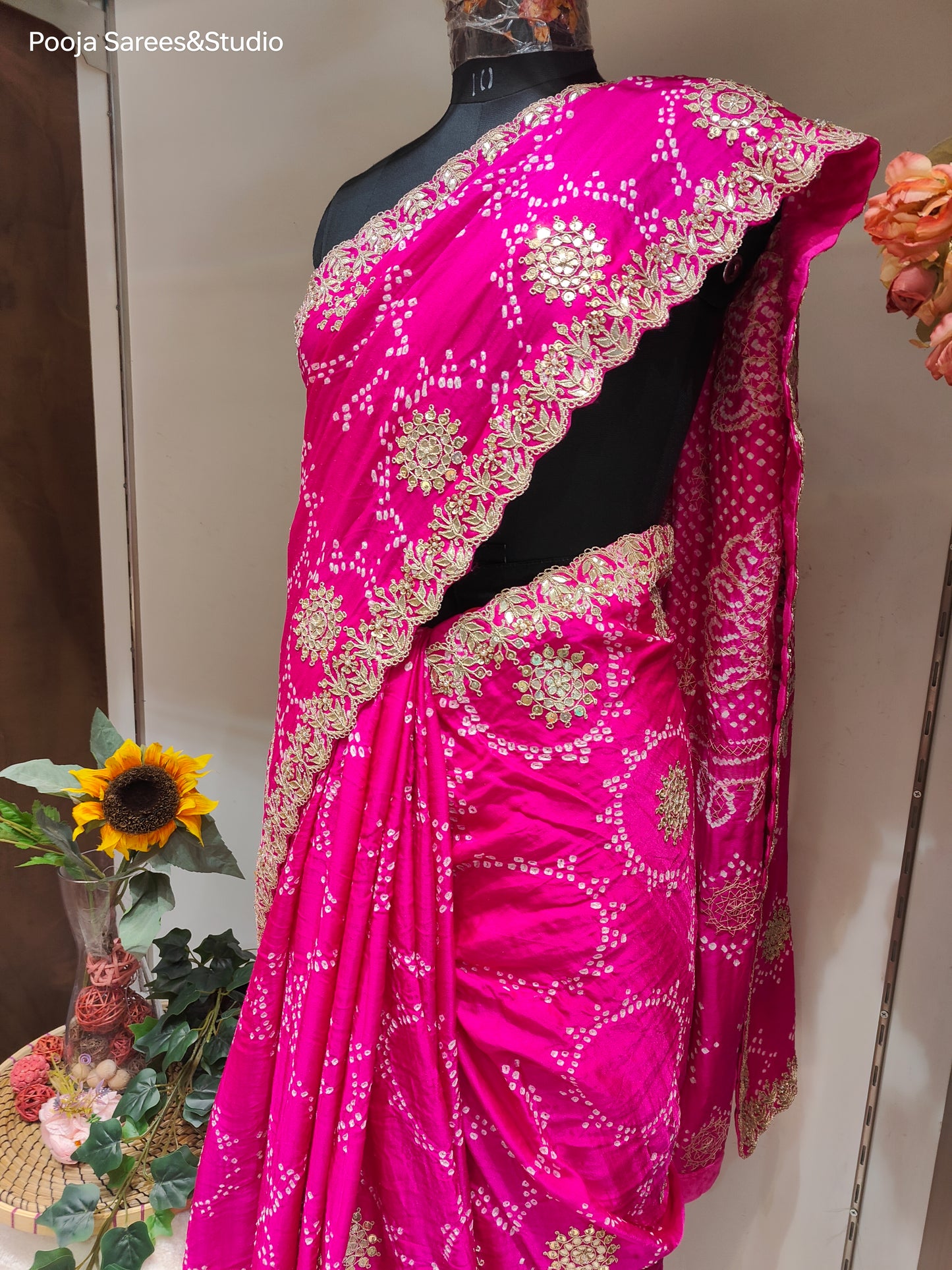 AARSAA Fuschia Pure Gaji Silk Bandhani Sarees Pure Gota Hand Work With Unstitched Blouse