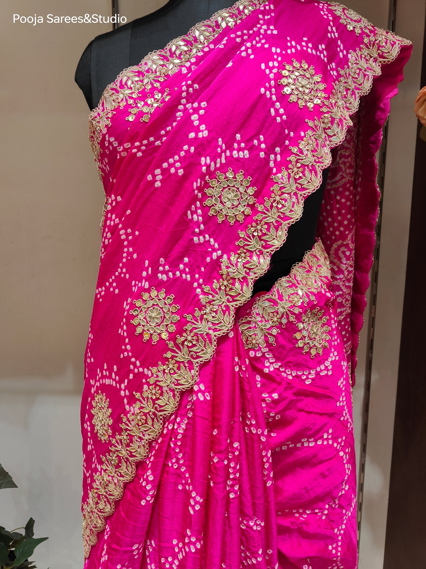 AARSAA Fuschia Pure Gaji Silk Bandhani Sarees Pure Gota Hand Work With Unstitched Blouse