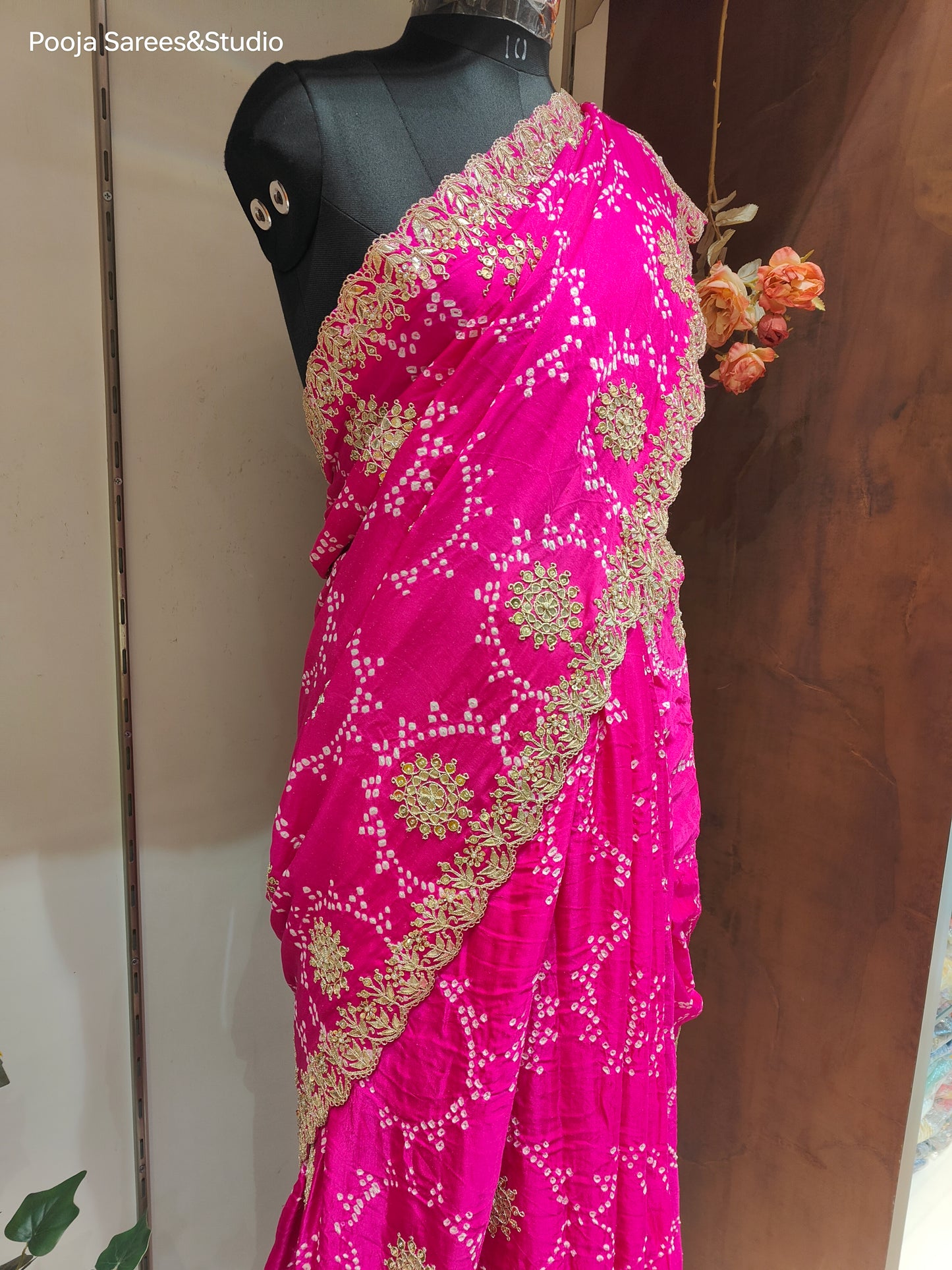 AARSAA Fuschia Pure Gaji Silk Bandhani Sarees Pure Gota Hand Work With Unstitched Blouse