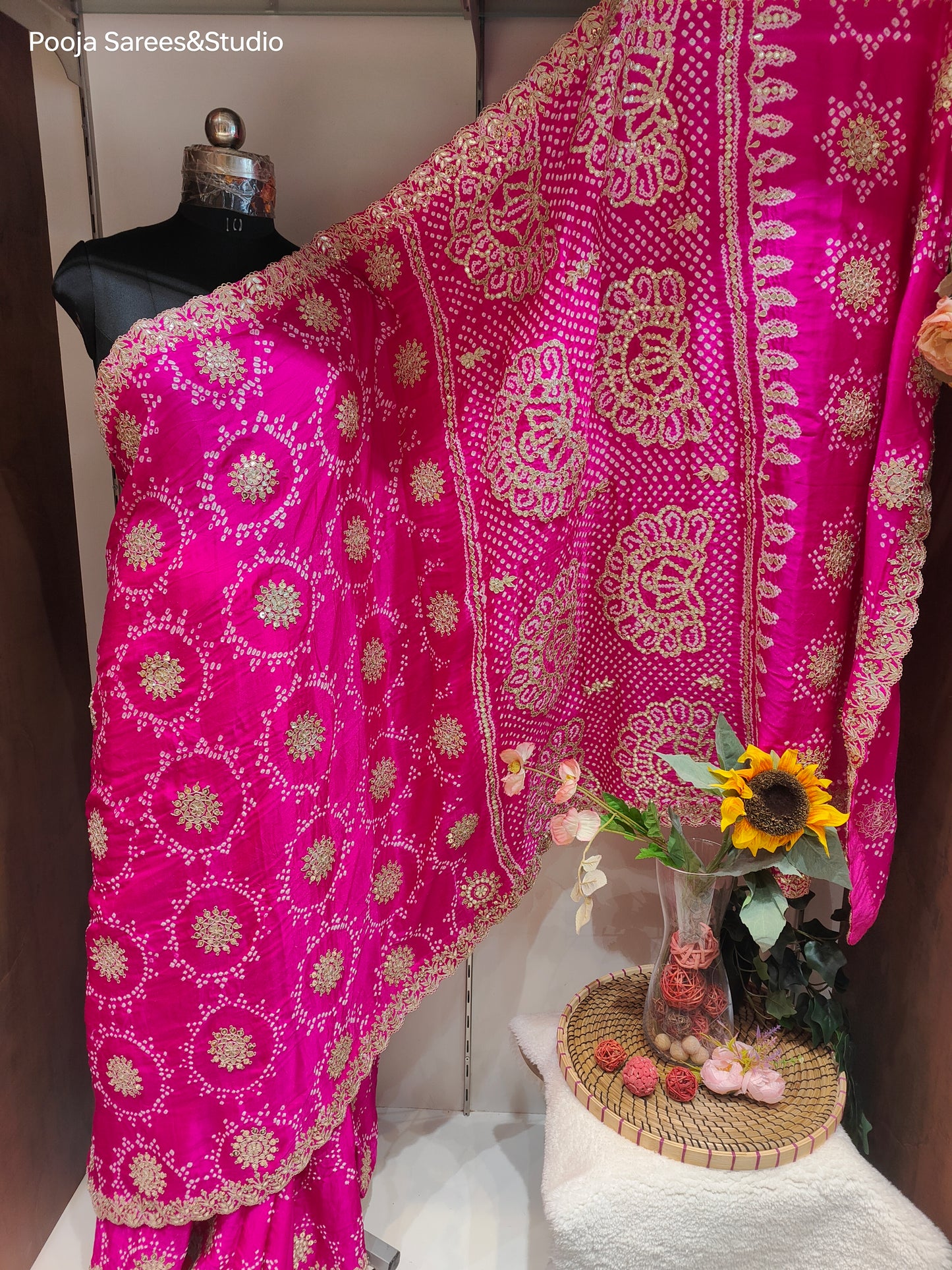 AARSAA Fuschia Pure Gaji Silk Bandhani Sarees Pure Gota Hand Work With Unstitched Blouse