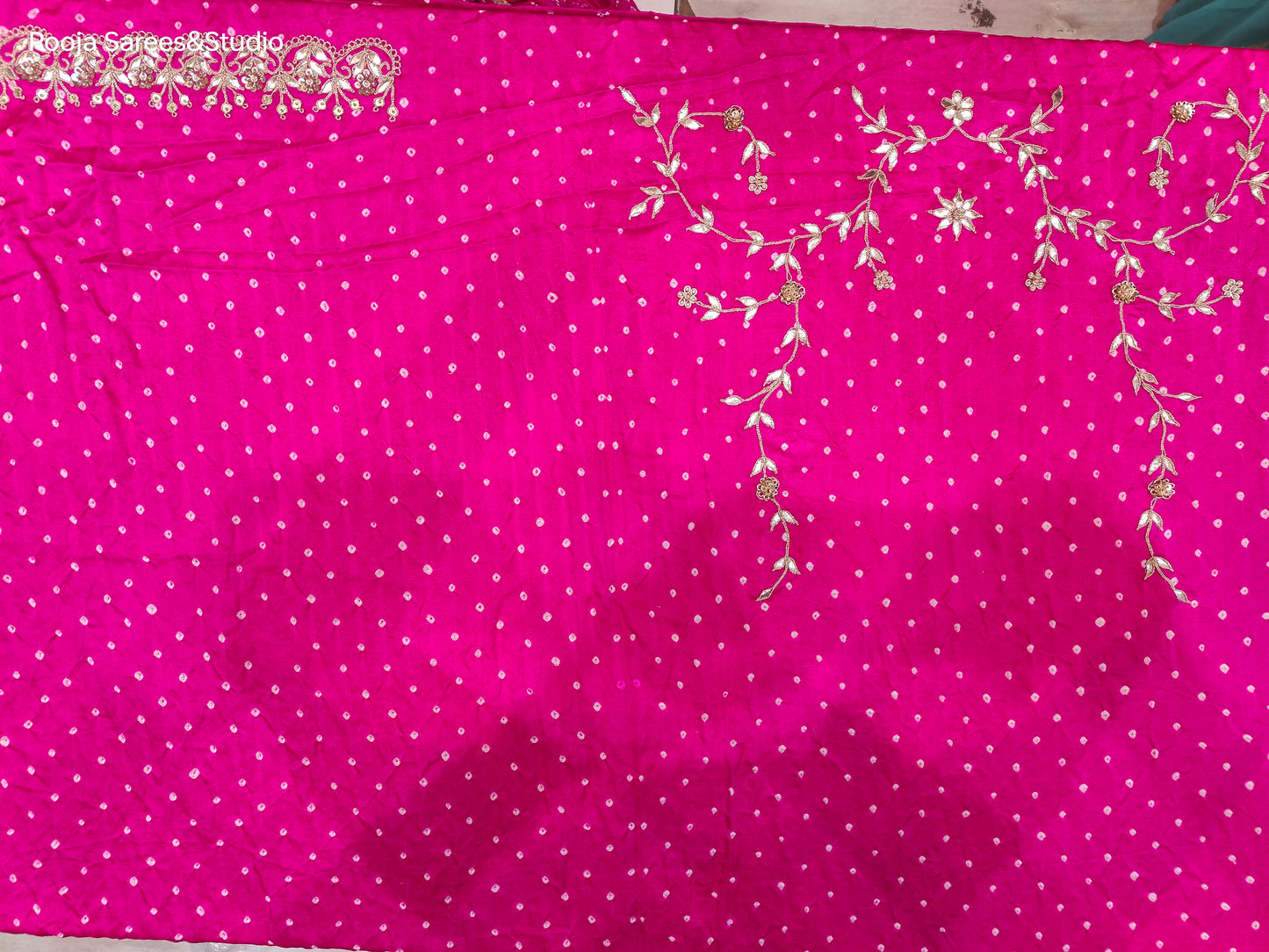 AARSAA Fuschia Pure Gaji Silk Bandhani Sarees Pure Gota Hand Work With Unstitched Blouse