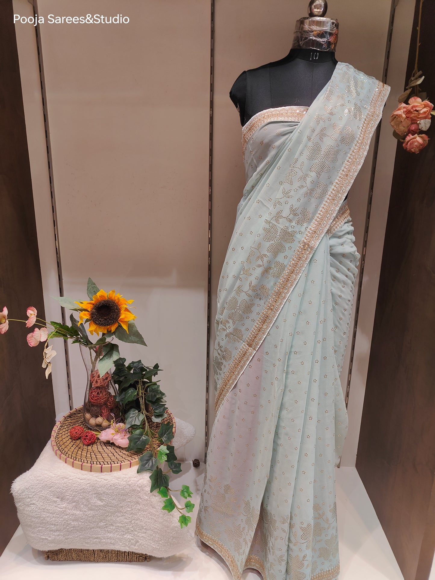 AARSAA Powderblue pure Georgette Kamdani, Kasab Sequence Border work Saree with Unstitched Blouse