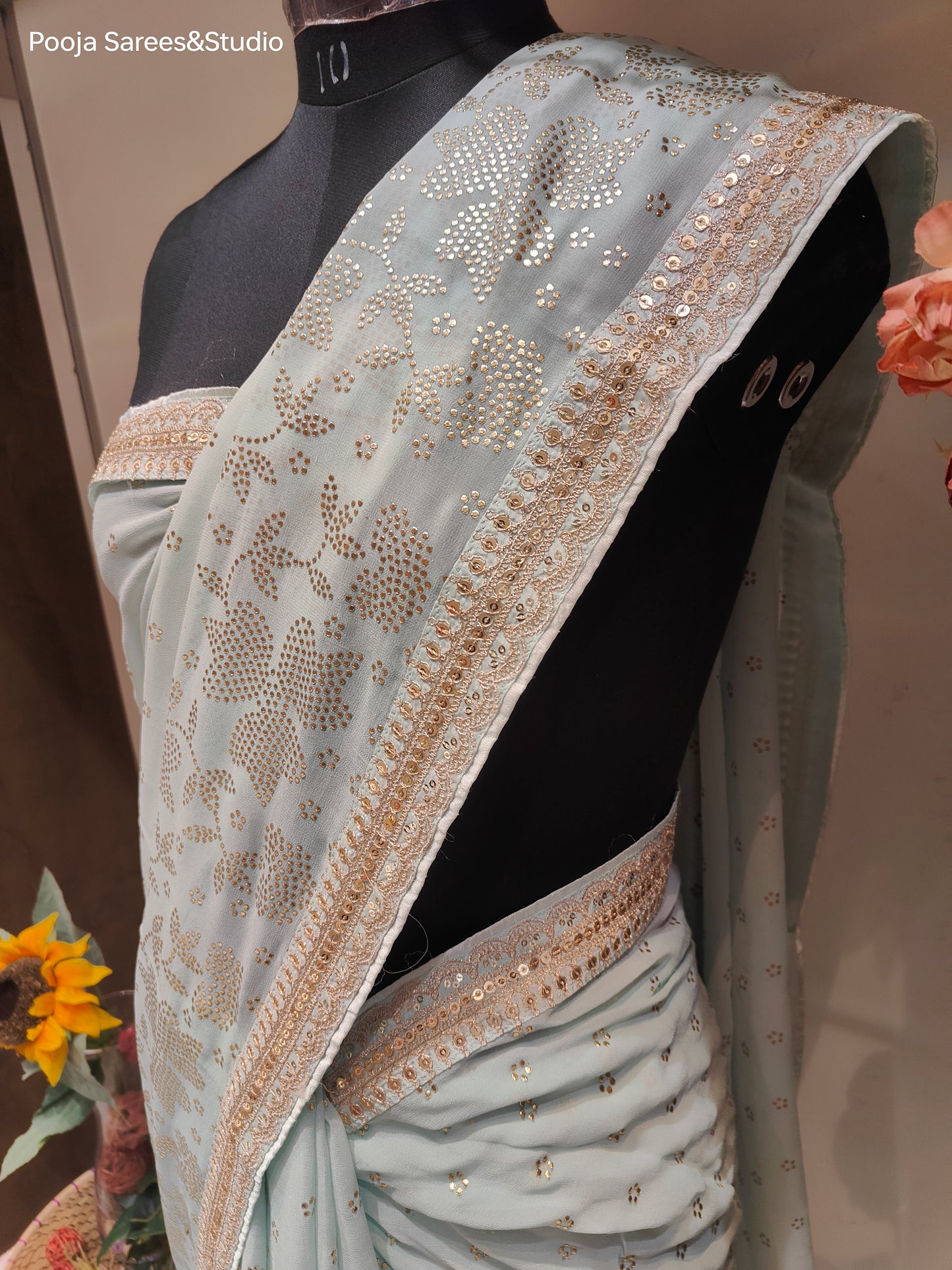 AARSAA Powderblue pure Georgette Kamdani, Kasab Sequence Border work Saree with Unstitched Blouse