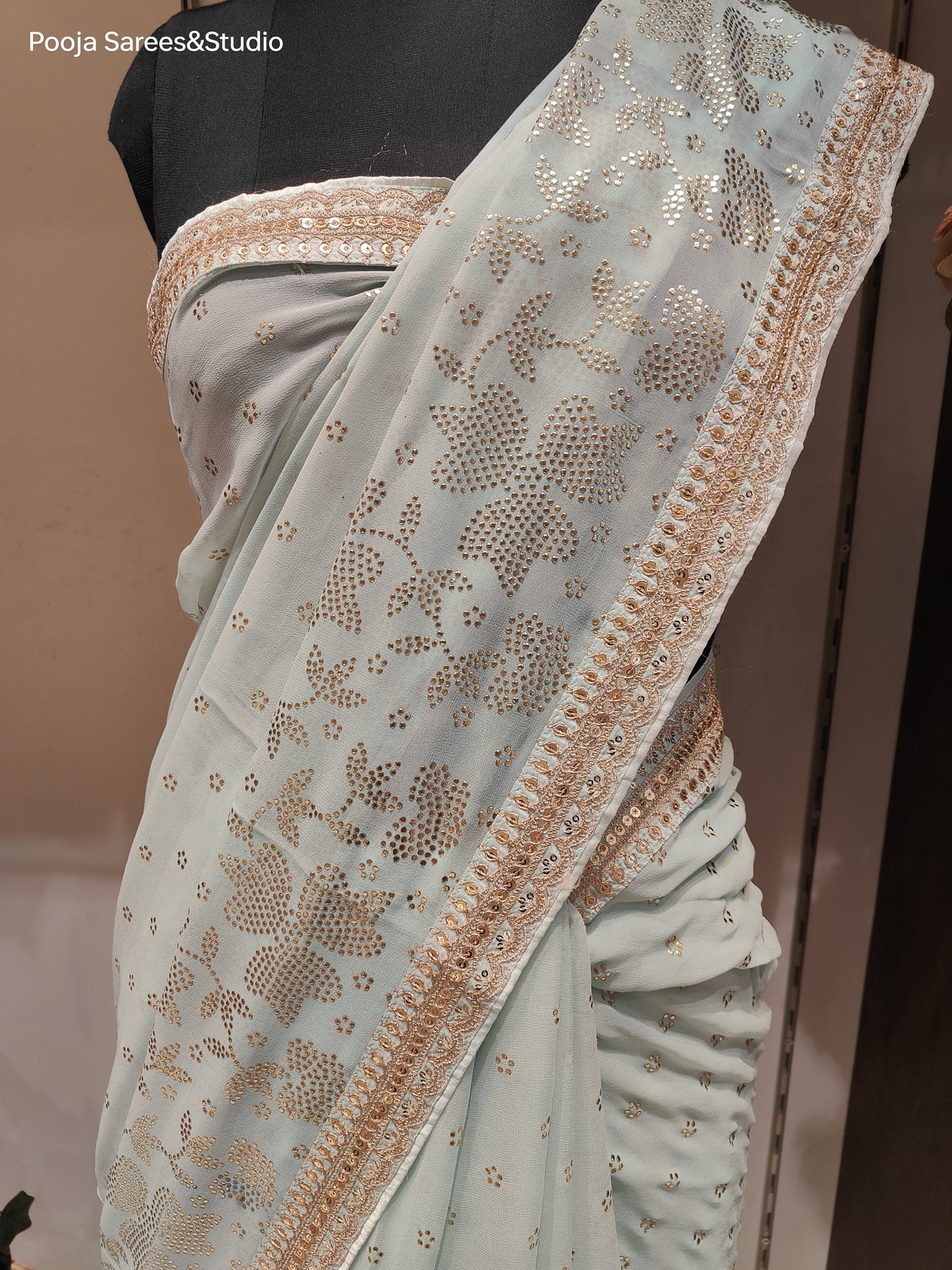 AARSAA Powderblue pure Georgette Kamdani, Kasab Sequence Border work Saree with Unstitched Blouse