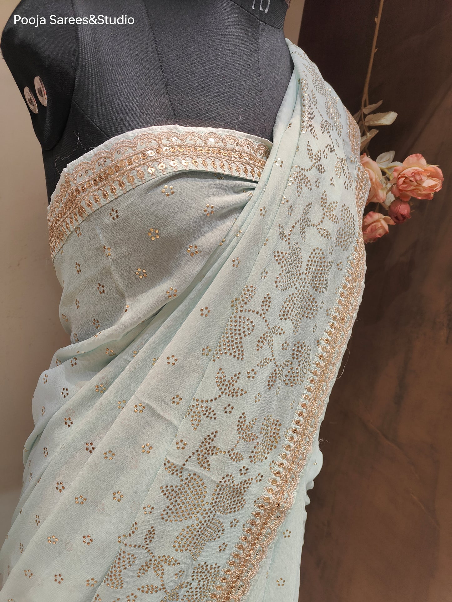 AARSAA Powderblue pure Georgette Kamdani, Kasab Sequence Border work Saree with Unstitched Blouse