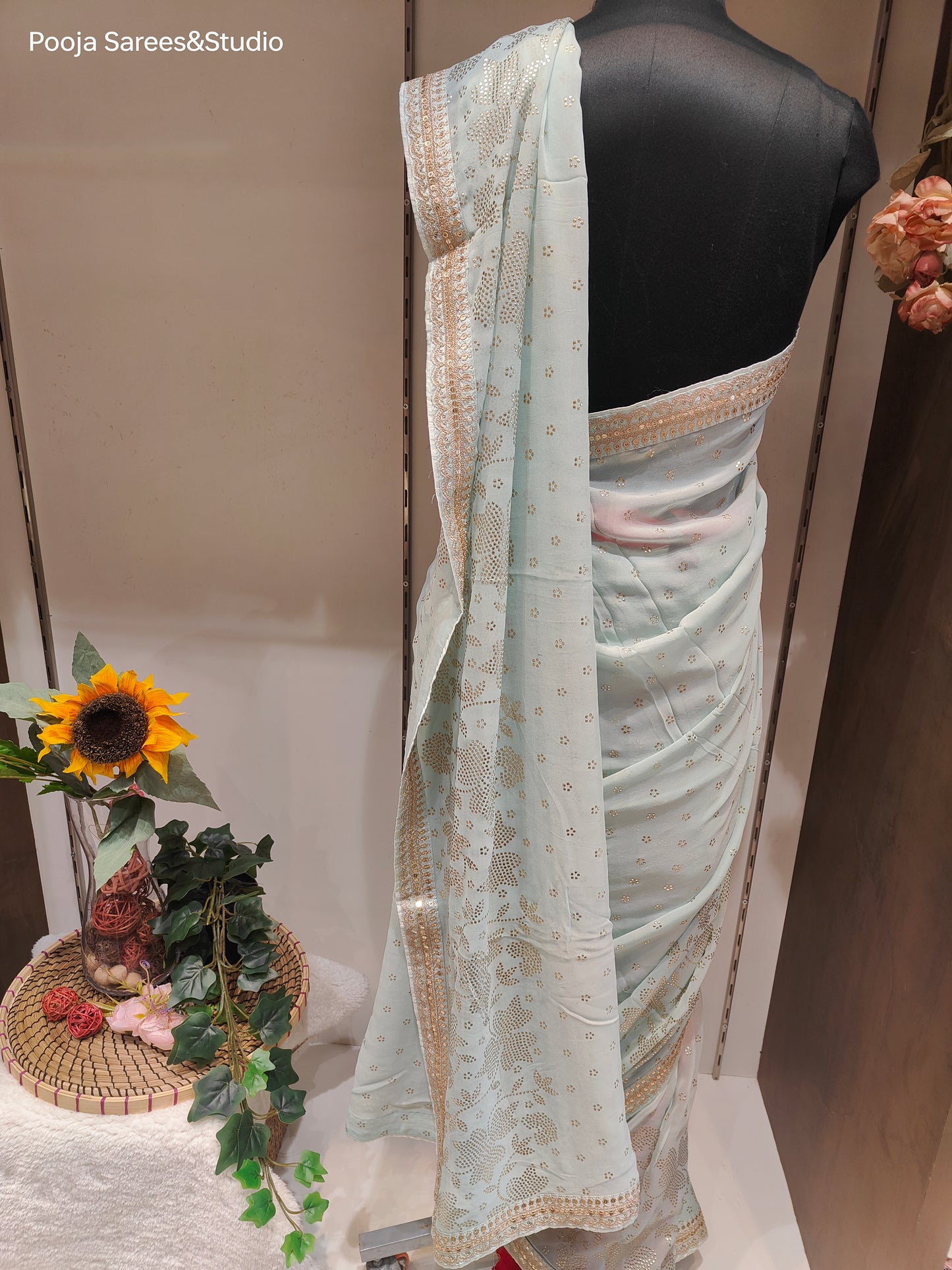 AARSAA Powderblue pure Georgette Kamdani, Kasab Sequence Border work Saree with Unstitched Blouse