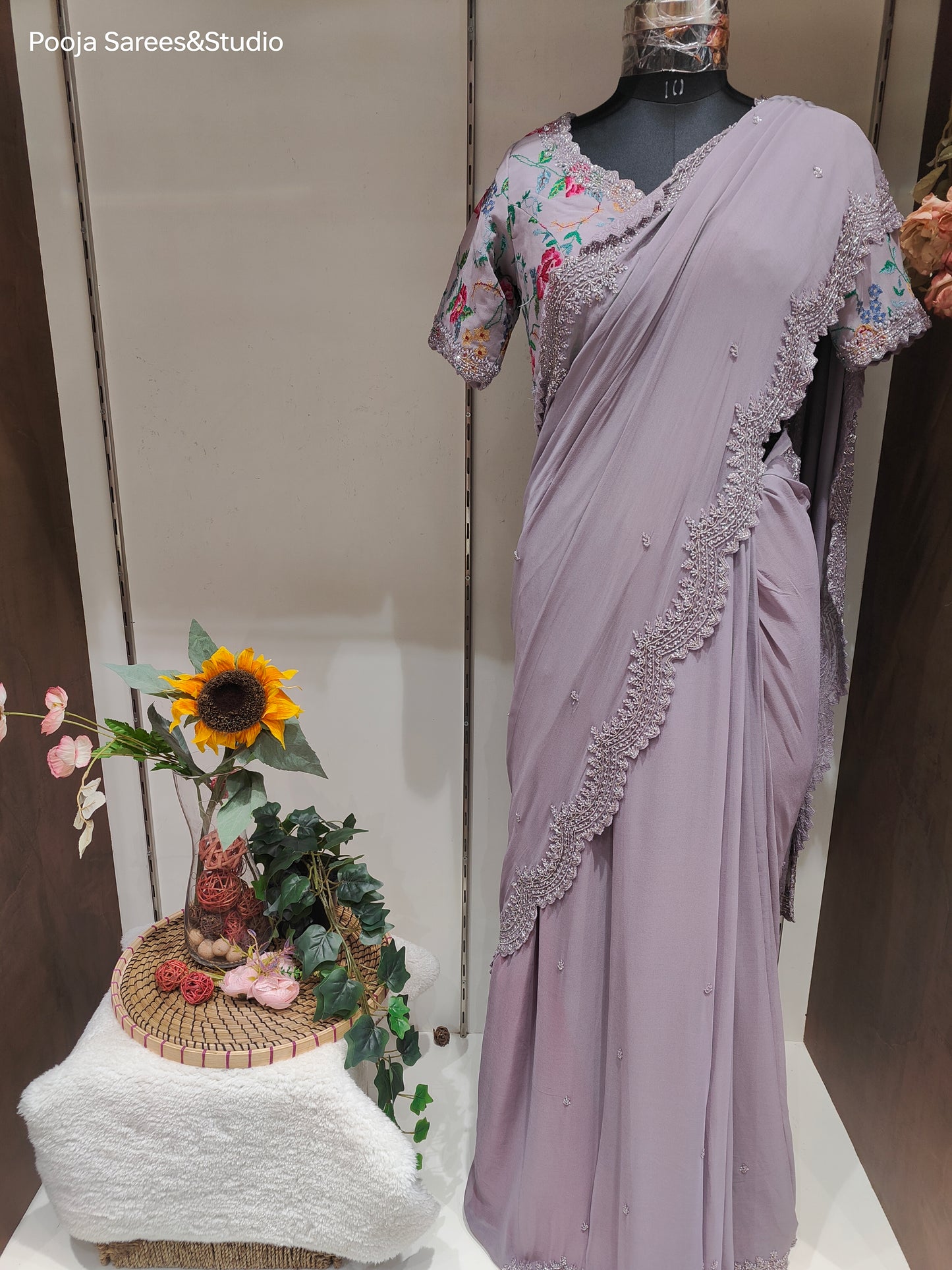 AARSAA Lilac Pure Georgette Convent Work Readymade blouse with Katdana Sequence Border and work Saree