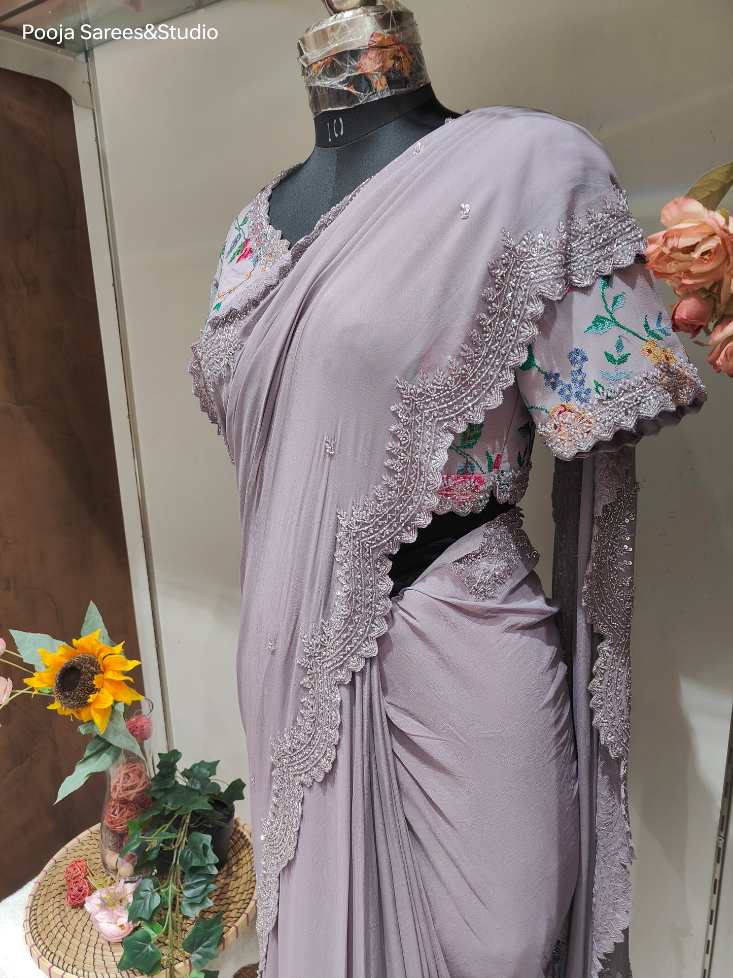 AARSAA Lilac Pure Georgette Convent Work Readymade blouse with Katdana Sequence Border and work Saree