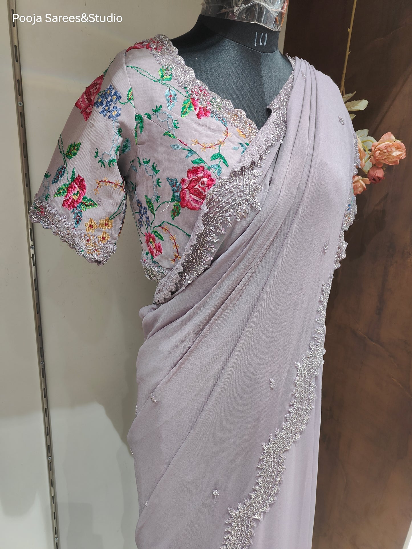 AARSAA Lilac Pure Georgette Convent Work Readymade blouse with Katdana Sequence Border and work Saree