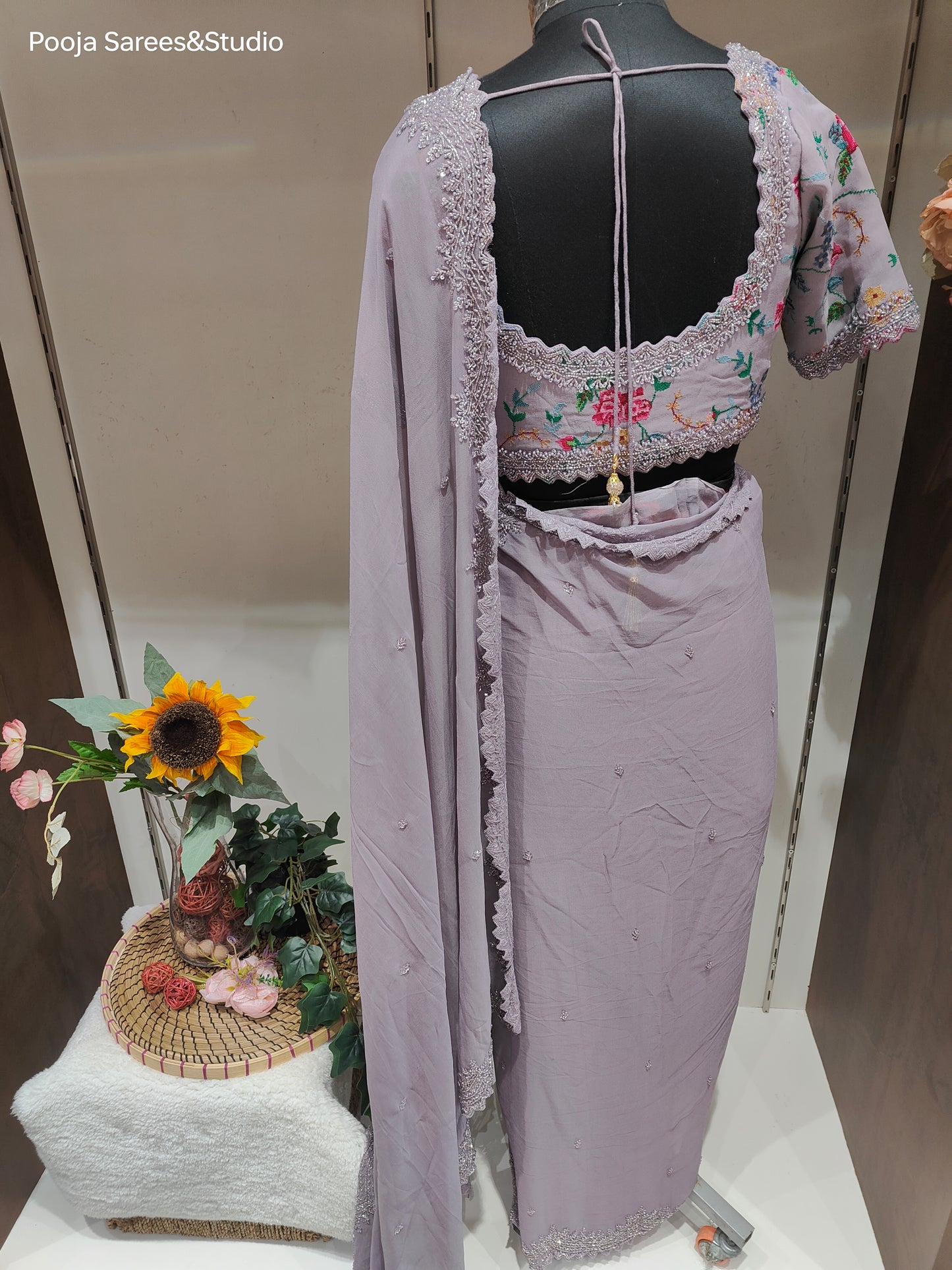 AARSAA Lilac Pure Georgette Convent Work Readymade blouse with Katdana Sequence Border and work Saree