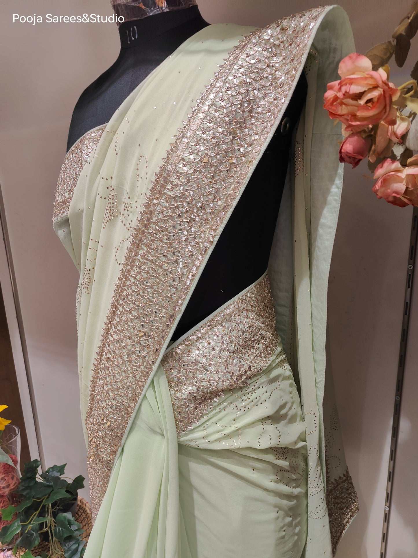 AARSAA Pista Green Pure Georgette Kamdani Work and Gota work border with unstitched blouse