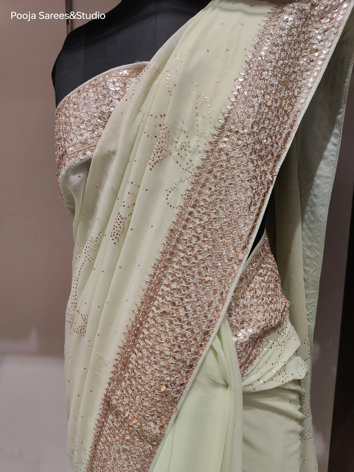 AARSAA Pista Green Pure Georgette Kamdani Work and Gota work border with unstitched blouse