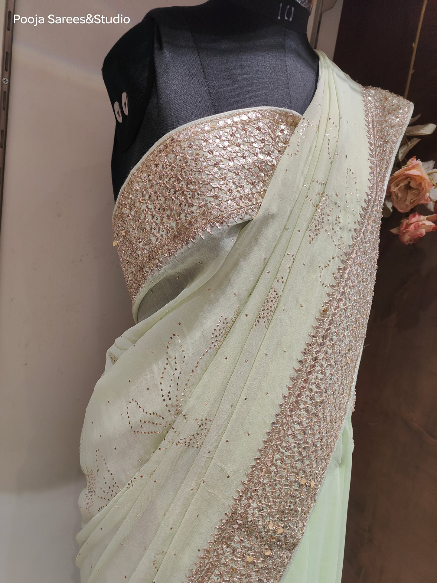 AARSAA Pista Green Pure Georgette Kamdani Work and Gota work border with unstitched blouse