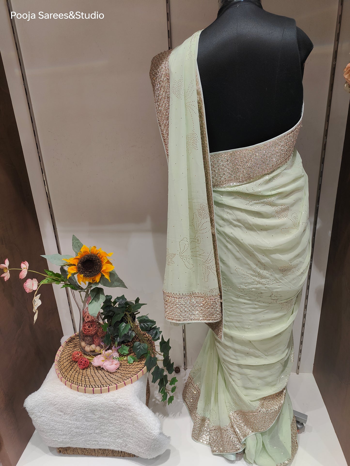 AARSAA Pista Green Pure Georgette Kamdani Work and Gota work border with unstitched blouse