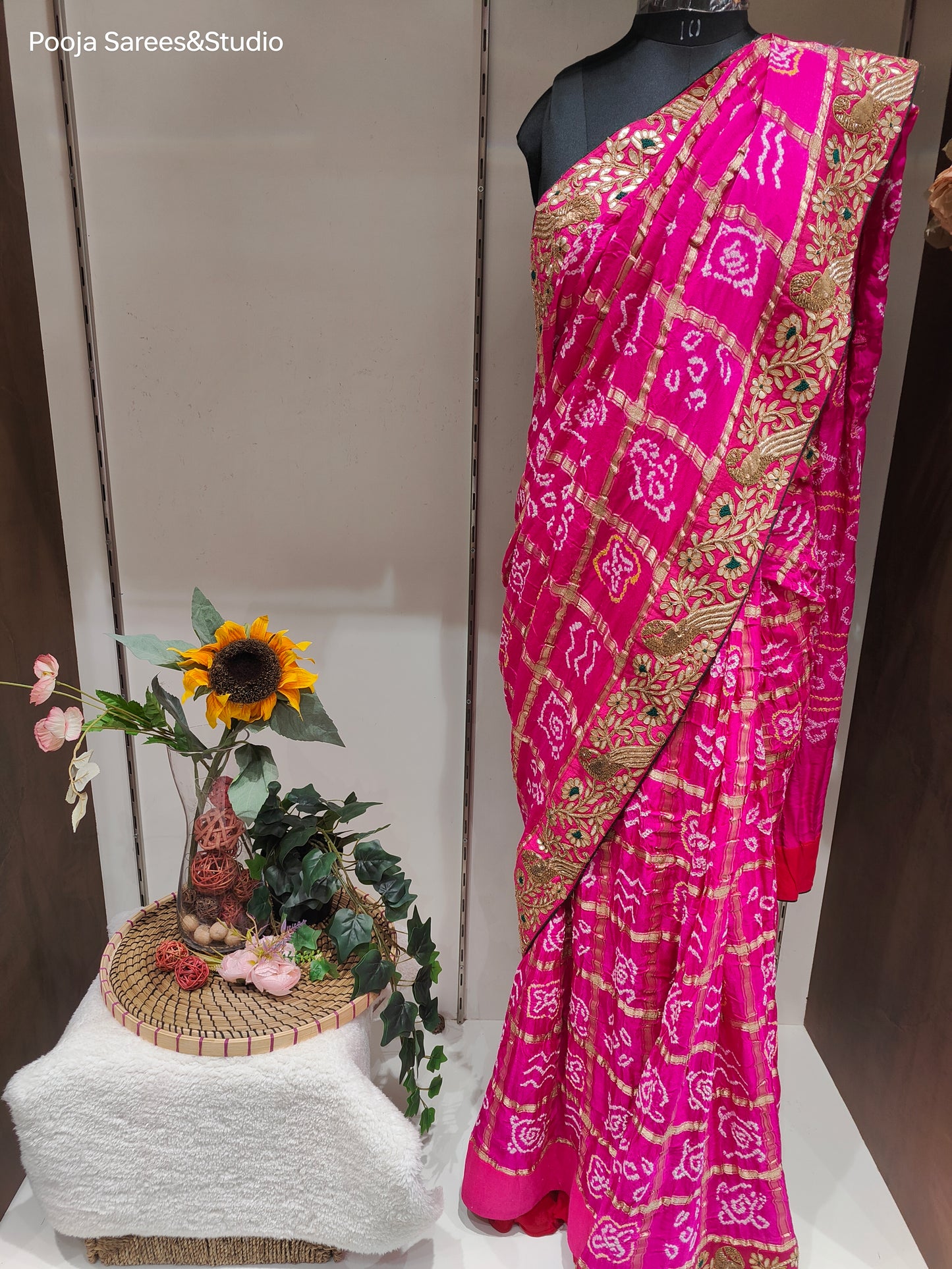 AARSAA Pink Pure Gaji Silk Bandhani Saree and Gota Zardozi work border with Contrast Unstitched blouse