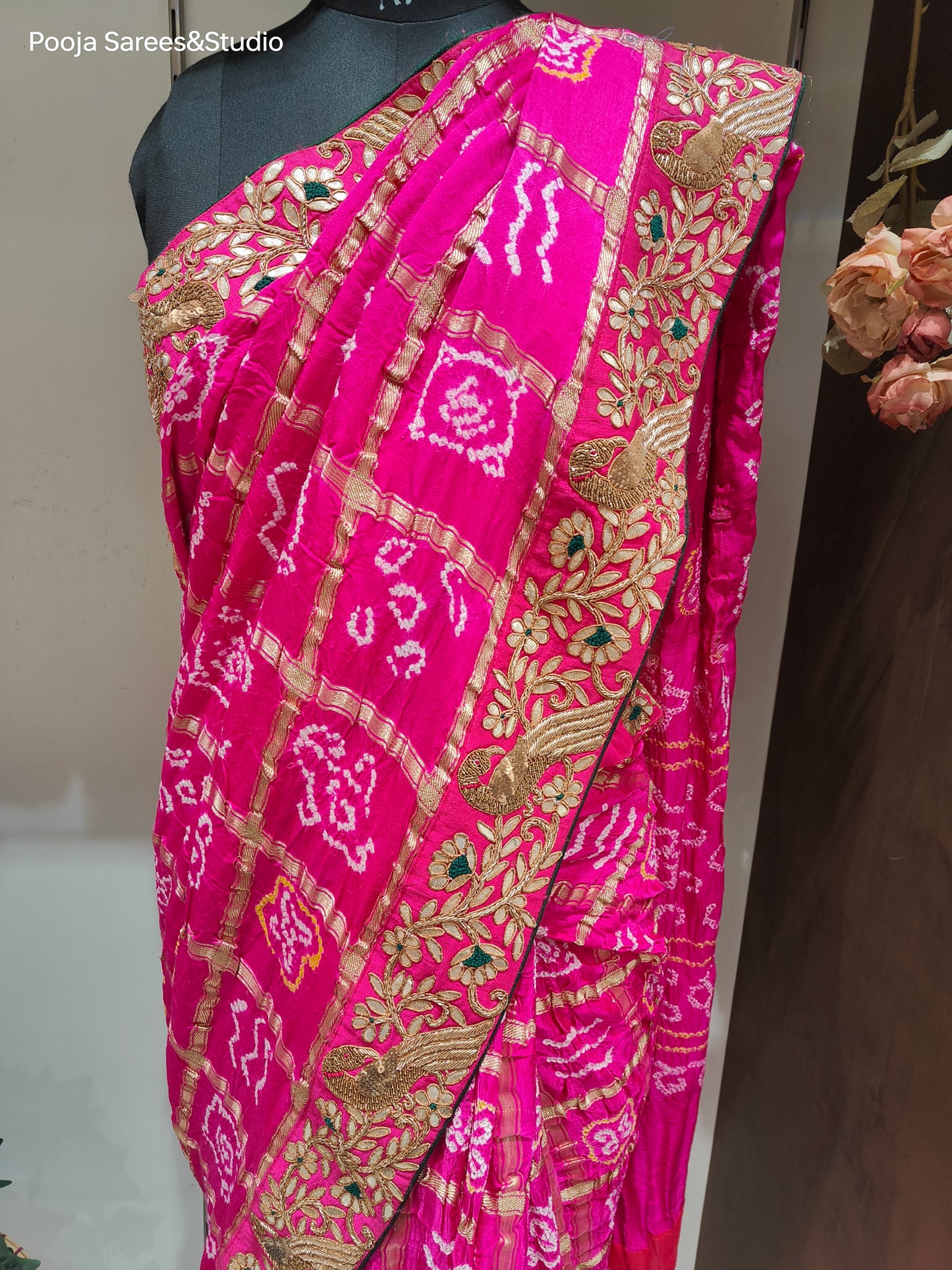 AARSAA Pink Pure Gaji Silk Bandhani Saree and Gota Zardozi work border with Contrast Unstitched blouse