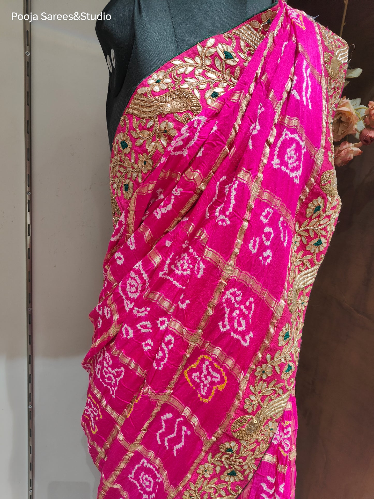 AARSAA Pink Pure Gaji Silk Bandhani Saree and Gota Zardozi work border with Contrast Unstitched blouse