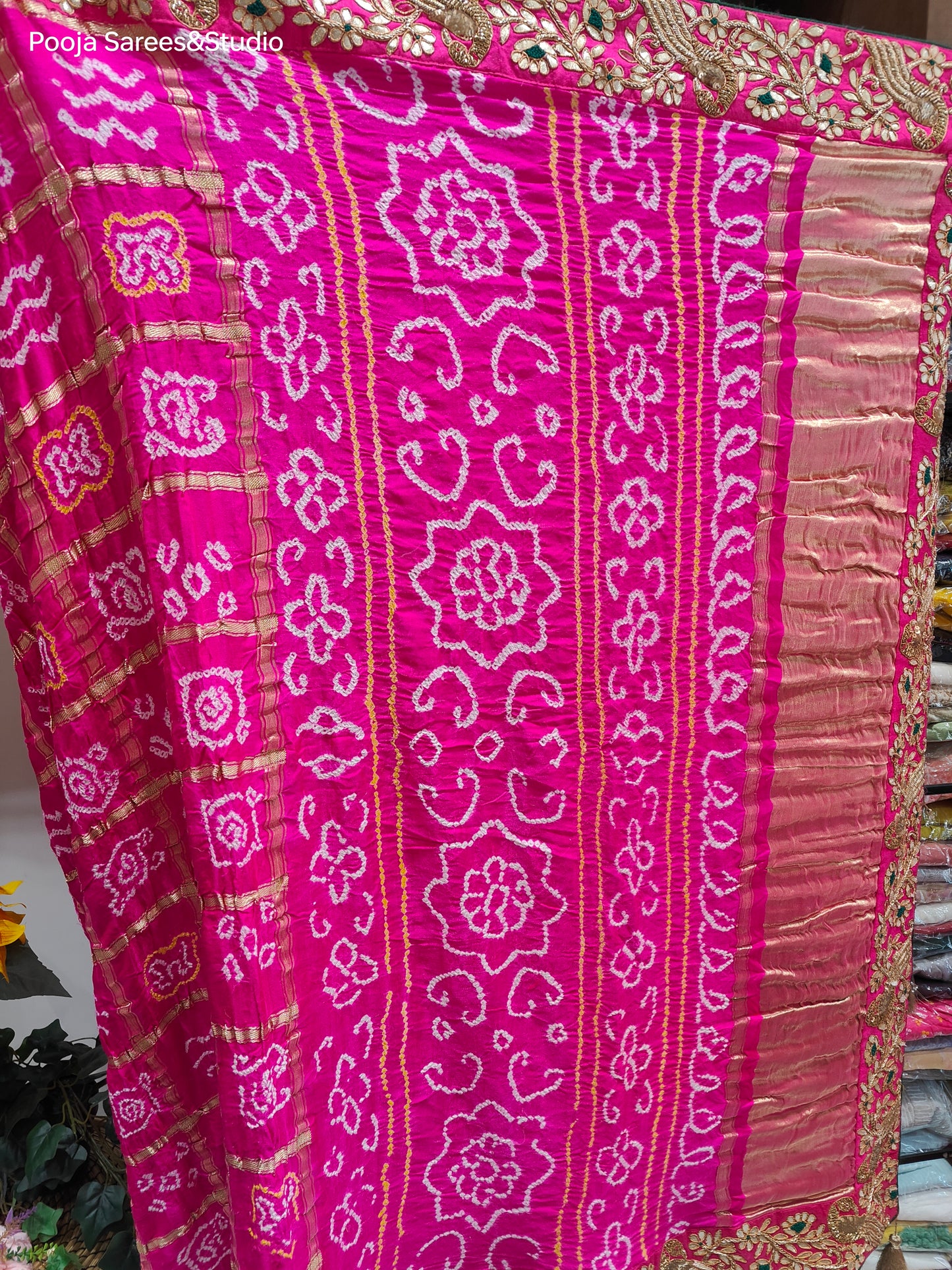 AARSAA Pink Pure Gaji Silk Bandhani Saree and Gota Zardozi work border with Contrast Unstitched blouse