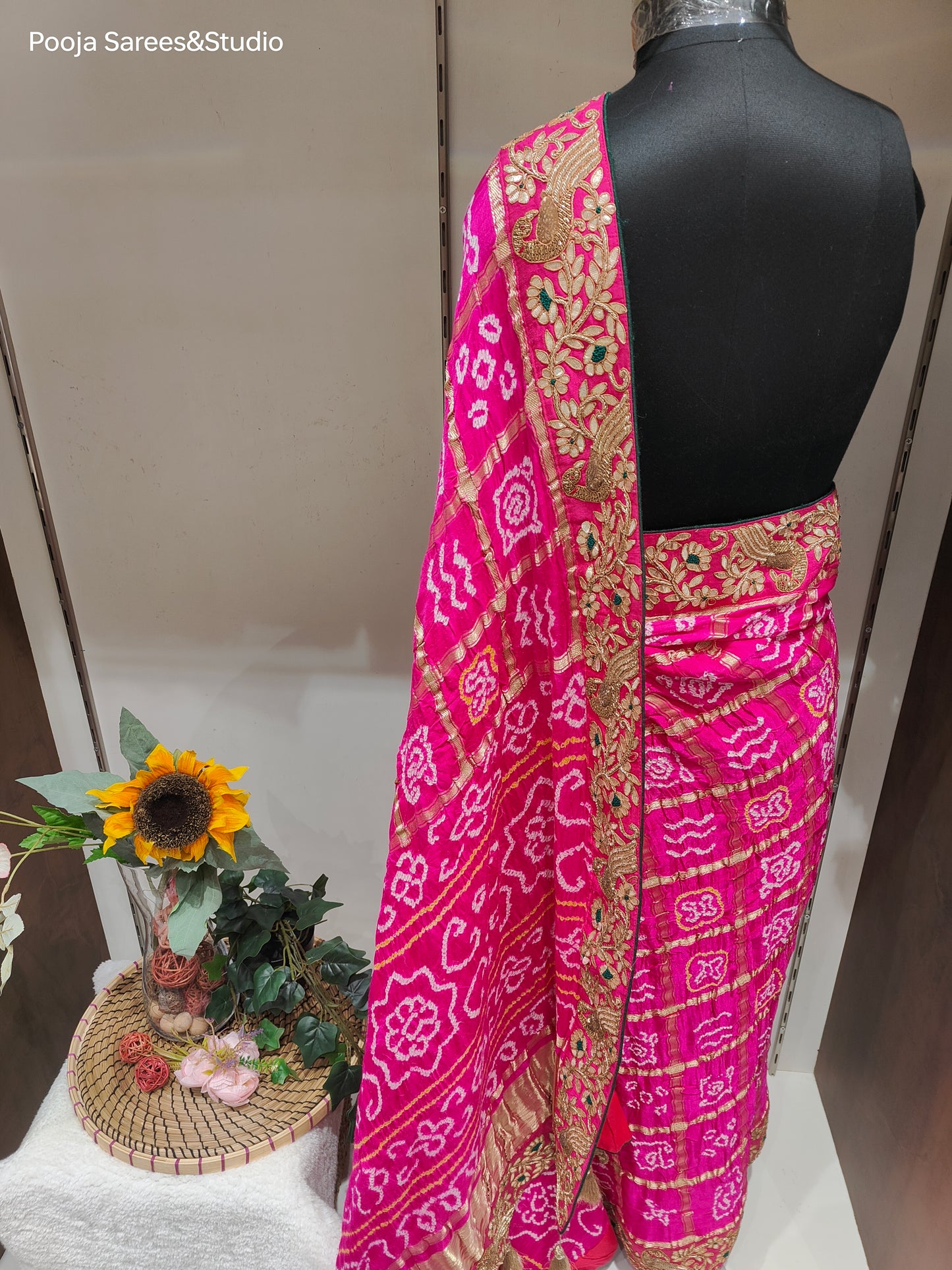 AARSAA Pink Pure Gaji Silk Bandhani Saree and Gota Zardozi work border with Contrast Unstitched blouse