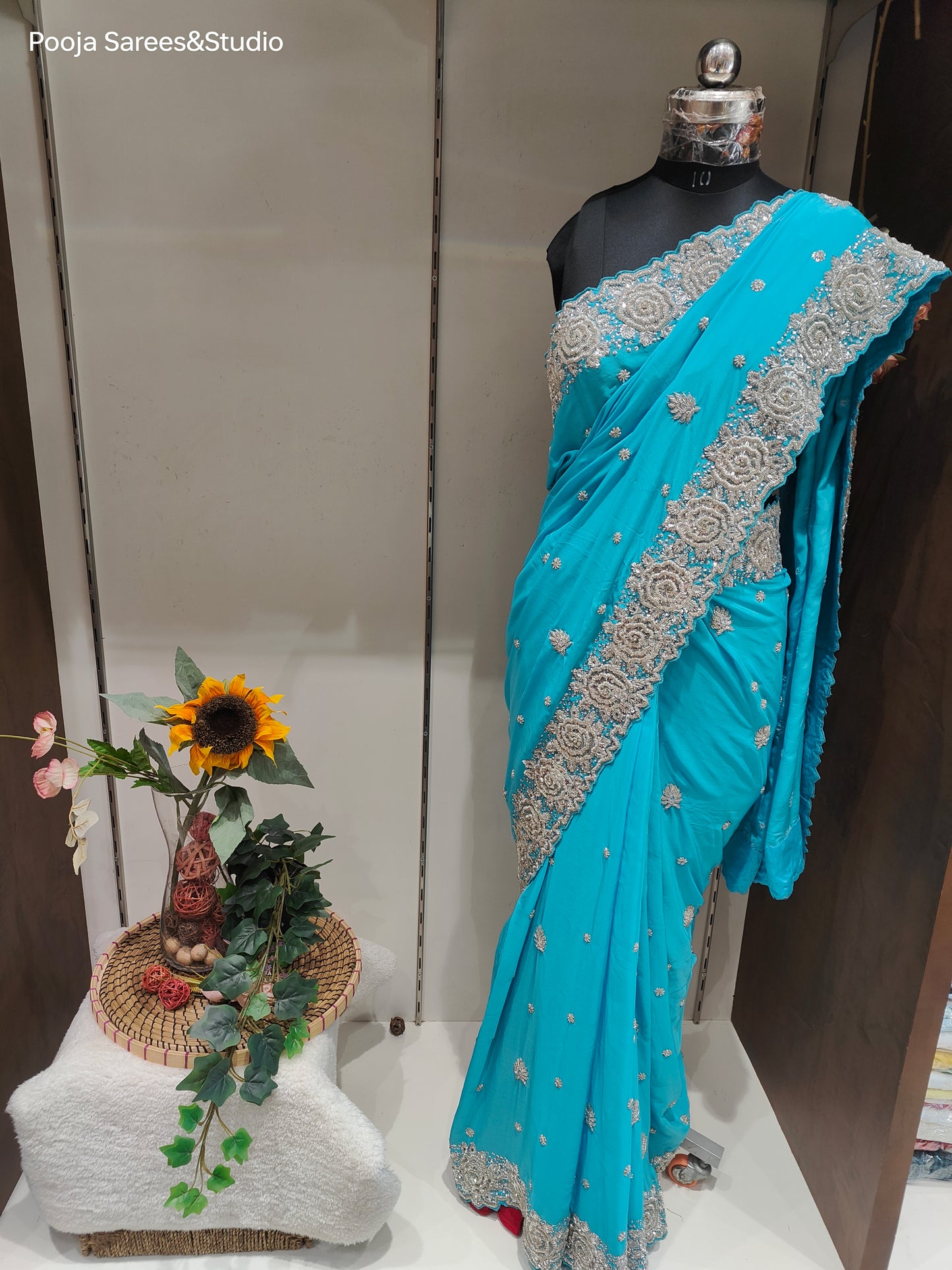 AARSAA Blue Pure Georgette Silver Zardozi heavy border work saree with Unstitched heavy work blouse