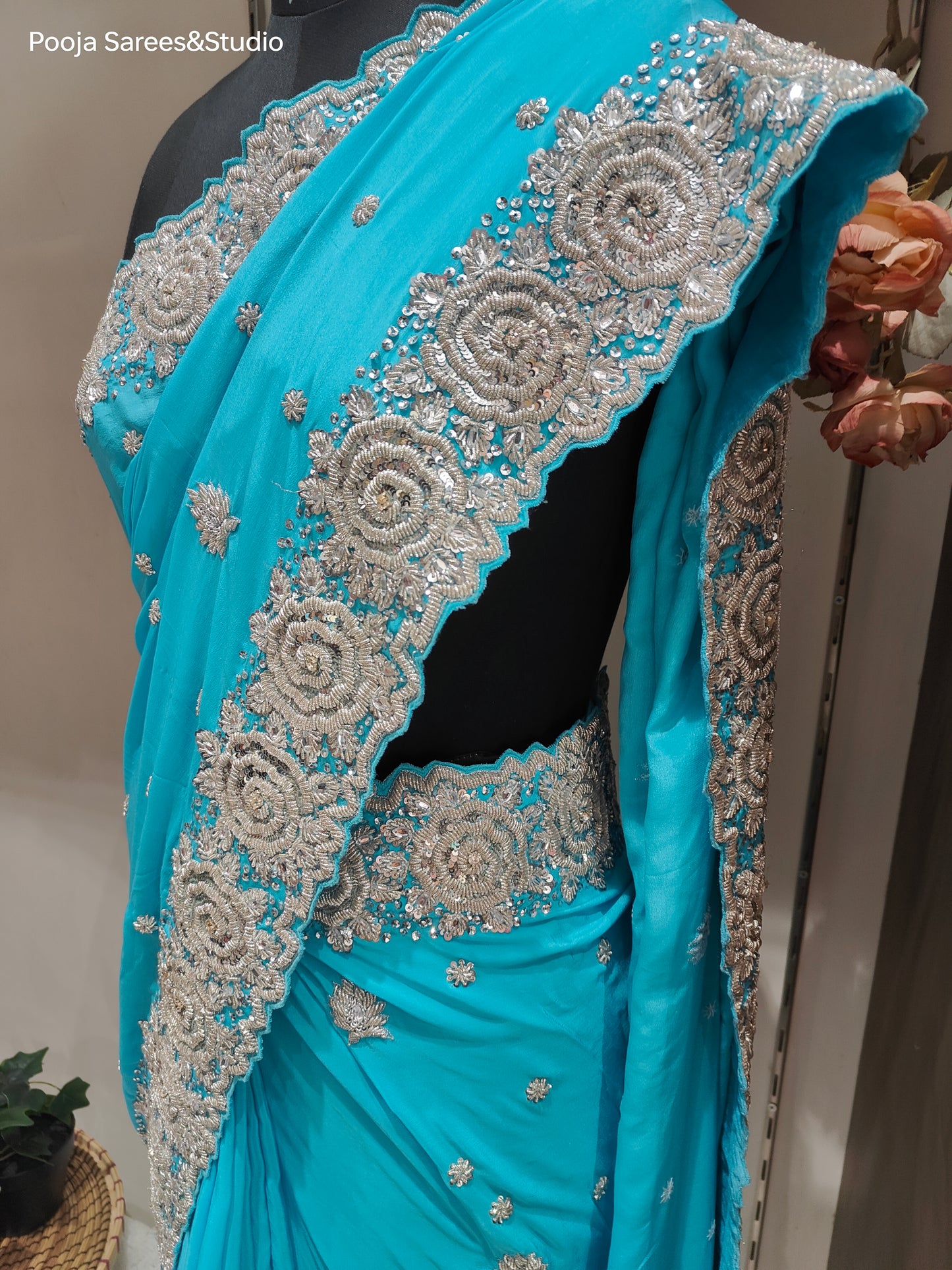 AARSAA Blue Pure Georgette Silver Zardozi heavy border work saree with Unstitched heavy work blouse