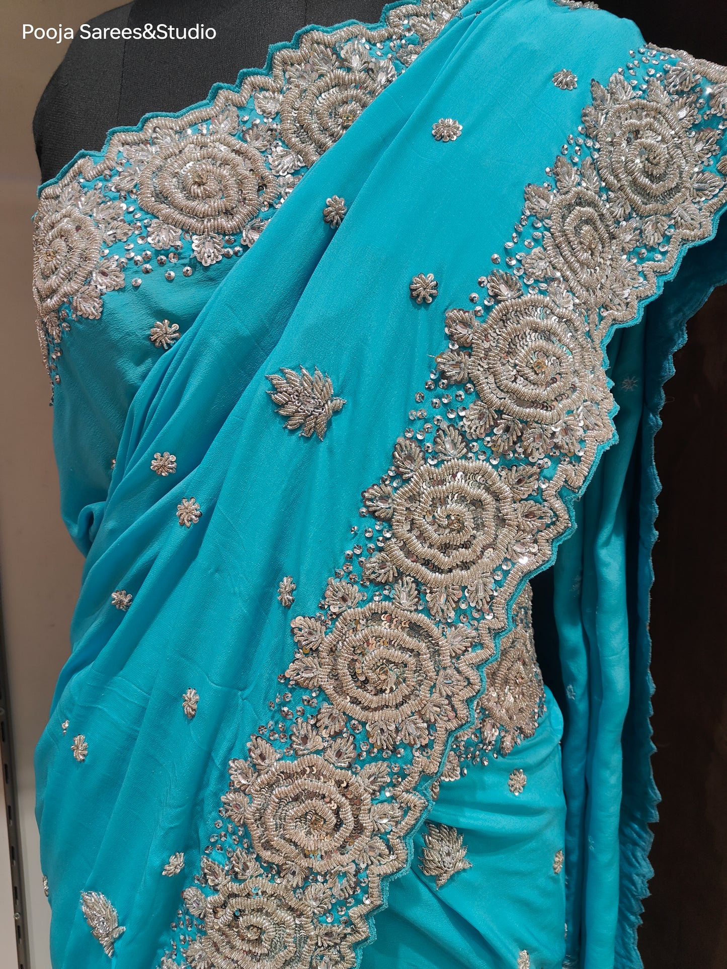 AARSAA Blue Pure Georgette Silver Zardozi heavy border work saree with Unstitched heavy work blouse