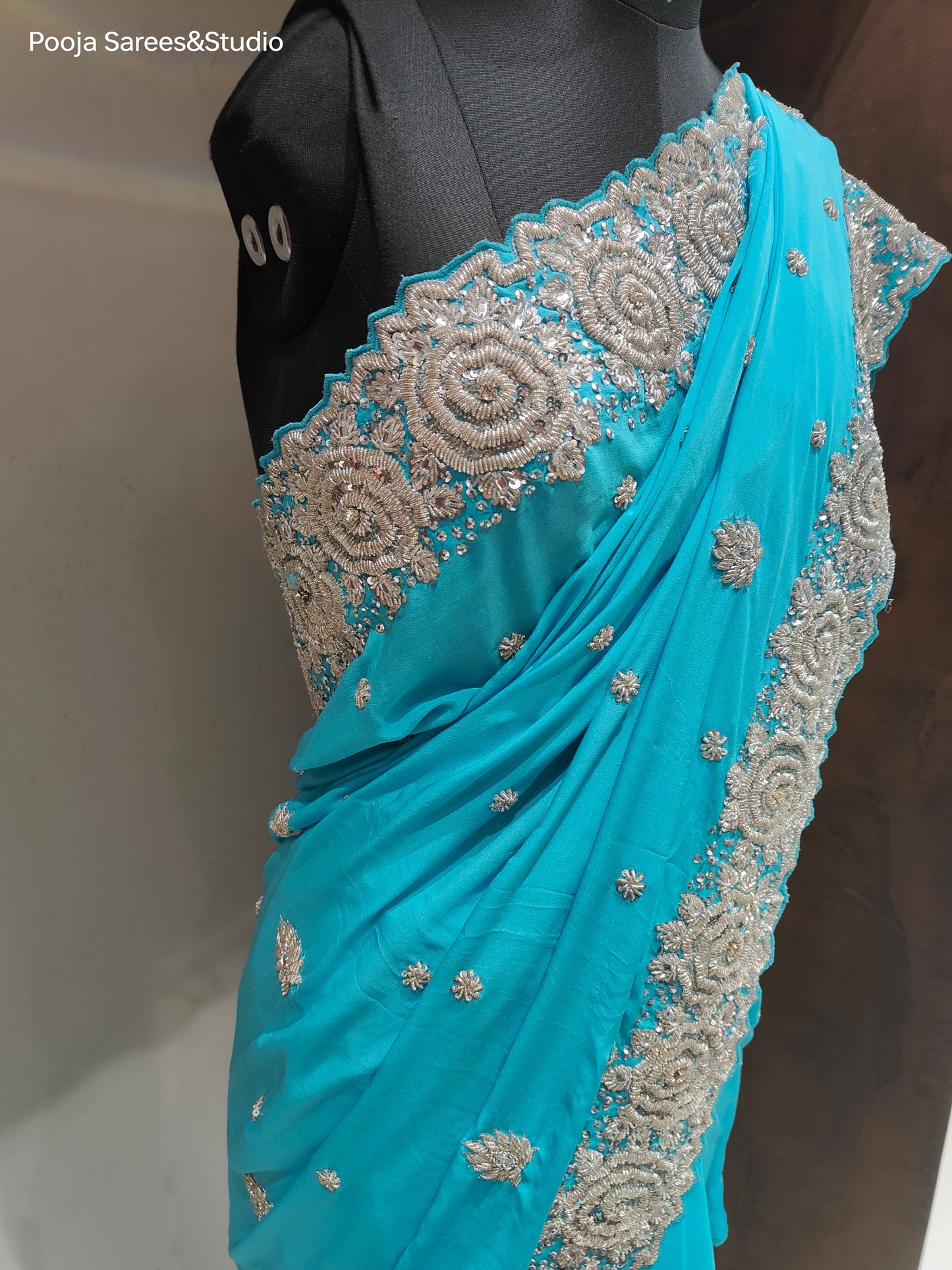 AARSAA Blue Pure Georgette Silver Zardozi heavy border work saree with Unstitched heavy work blouse