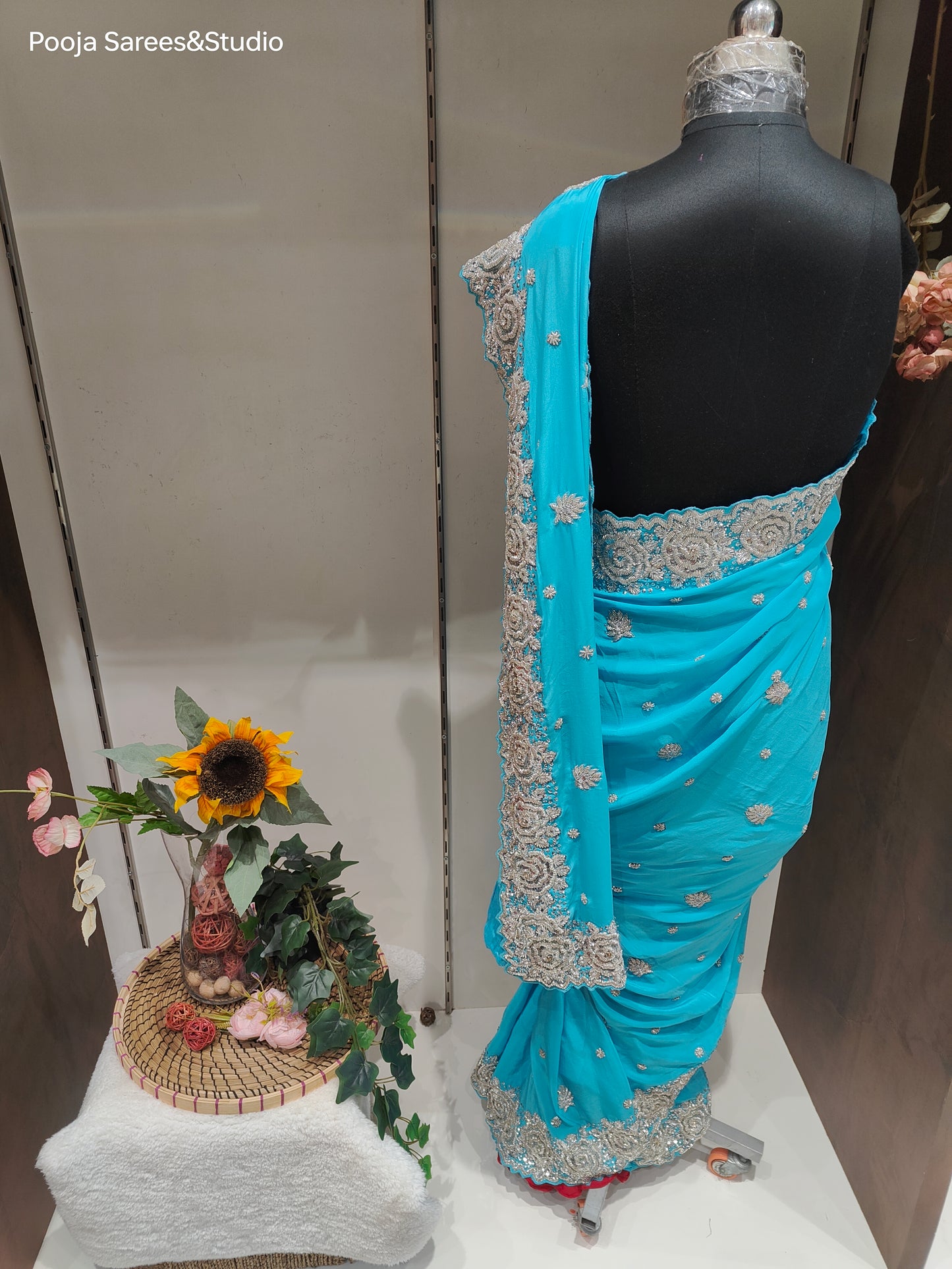 AARSAA Blue Pure Georgette Silver Zardozi heavy border work saree with Unstitched heavy work blouse