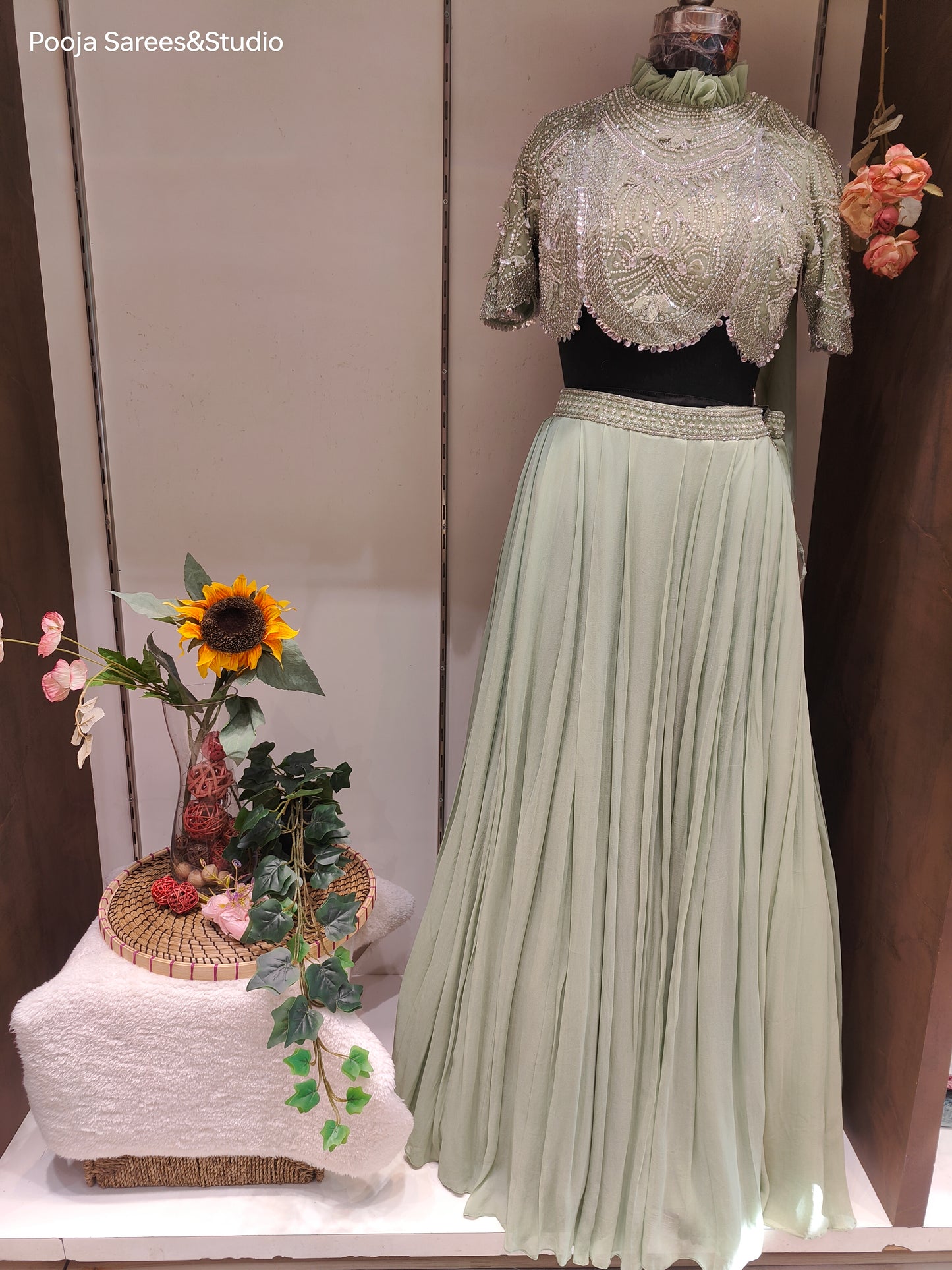 AARSAA Green Crepe Full Moti Katdana Work High Neck Scalloped Drape Blouse With Flared Skirt