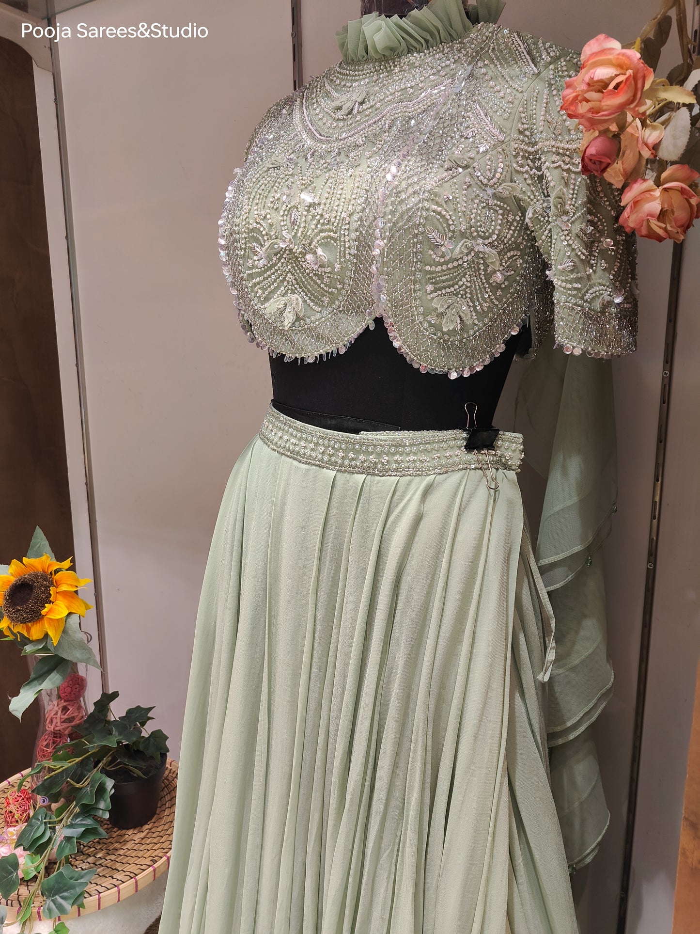 AARSAA Green Crepe Full Moti Katdana Work High Neck Scalloped Drape Blouse With Flared Skirt