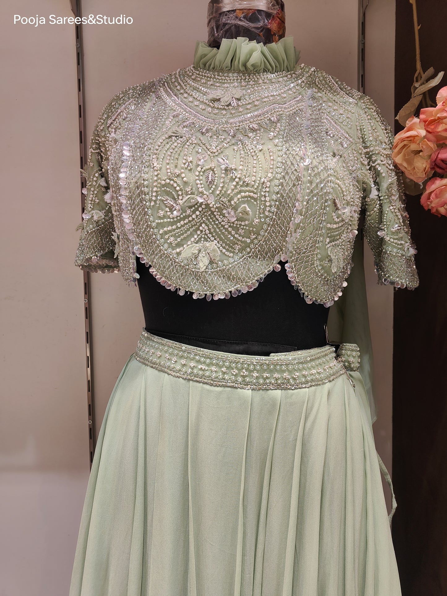 AARSAA Green Crepe Full Moti Katdana Work High Neck Scalloped Drape Blouse With Flared Skirt