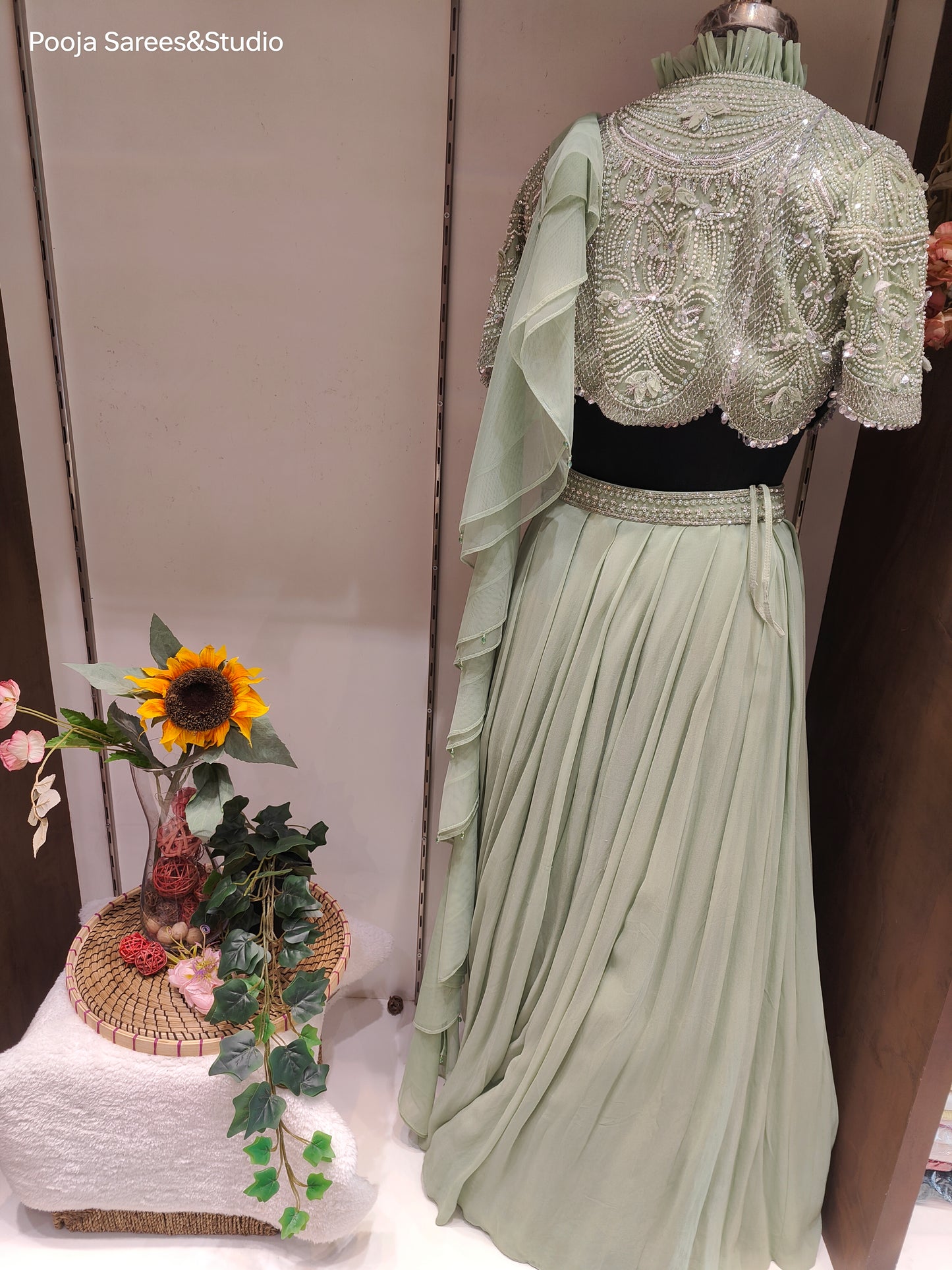 AARSAA Green Crepe Full Moti Katdana Work High Neck Scalloped Drape Blouse With Flared Skirt