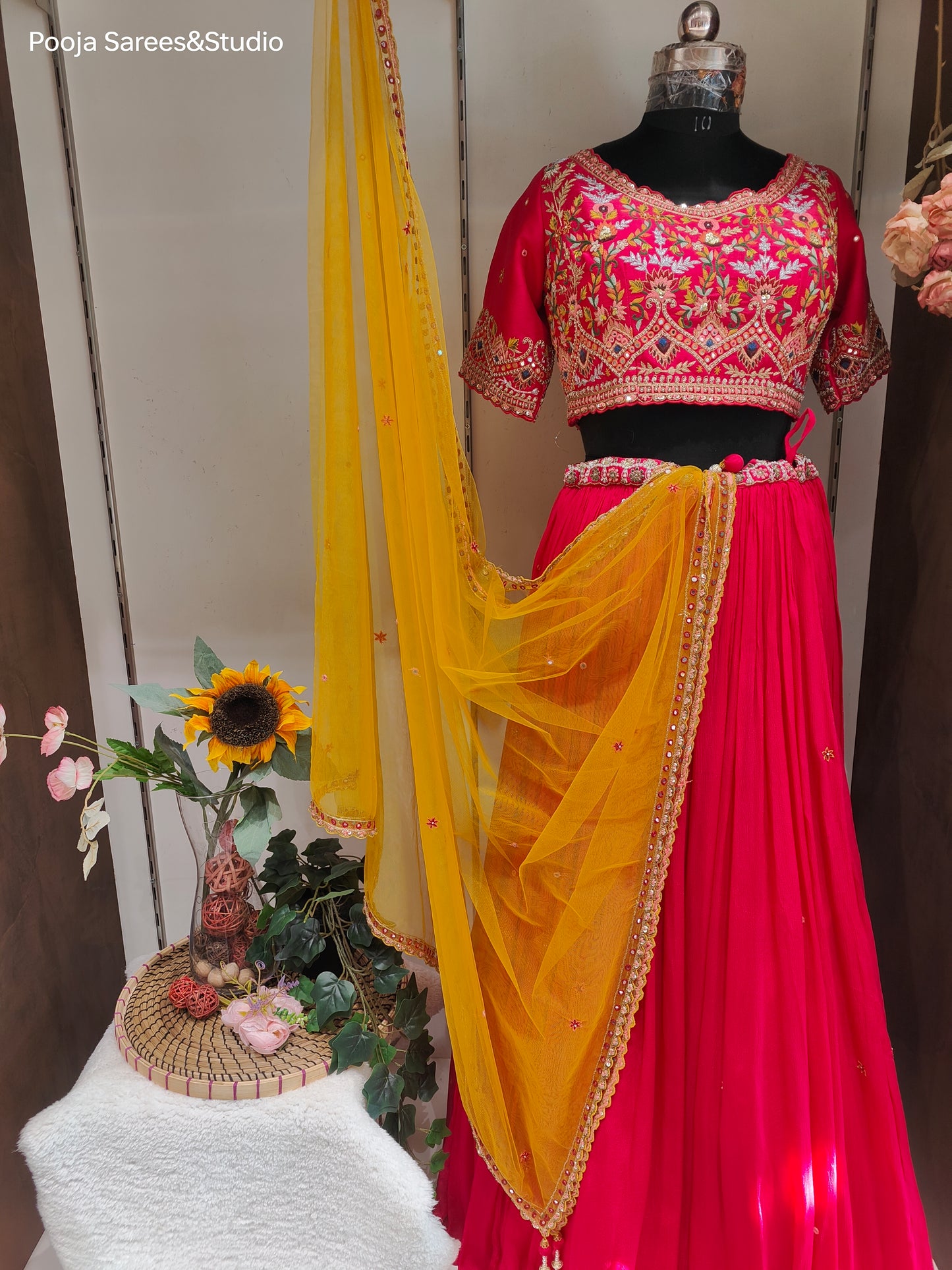 AARSAA Dark Pink Crepe Full Threadwork, Mirror work , Blouse with Flared lehenga and Contrasting Dupatta