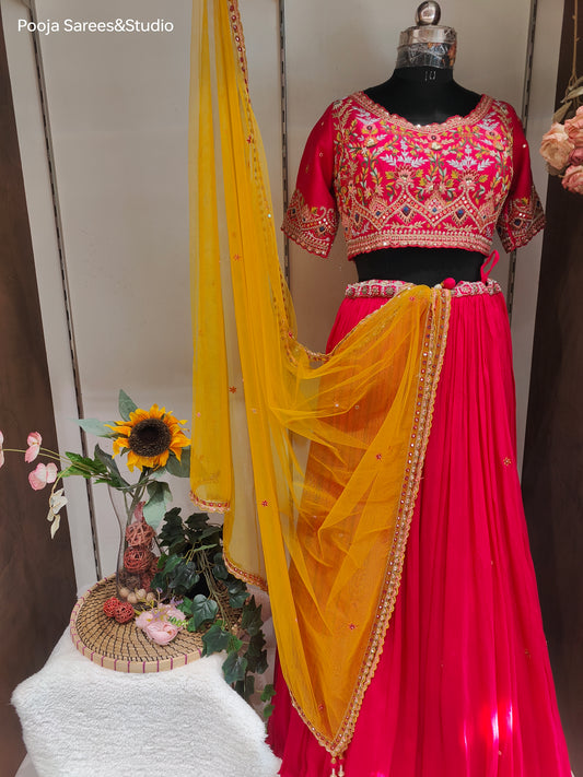 AARSAA Dark Pink Crepe Full Threadwork, Mirror work , Blouse with Flared lehenga and Contrasting Dupatta