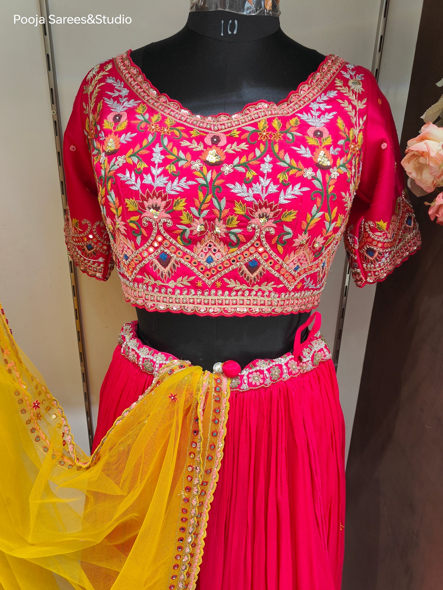 AARSAA Dark Pink Crepe Full Threadwork, Mirror work , Blouse with Flared lehenga and Contrasting Dupatta