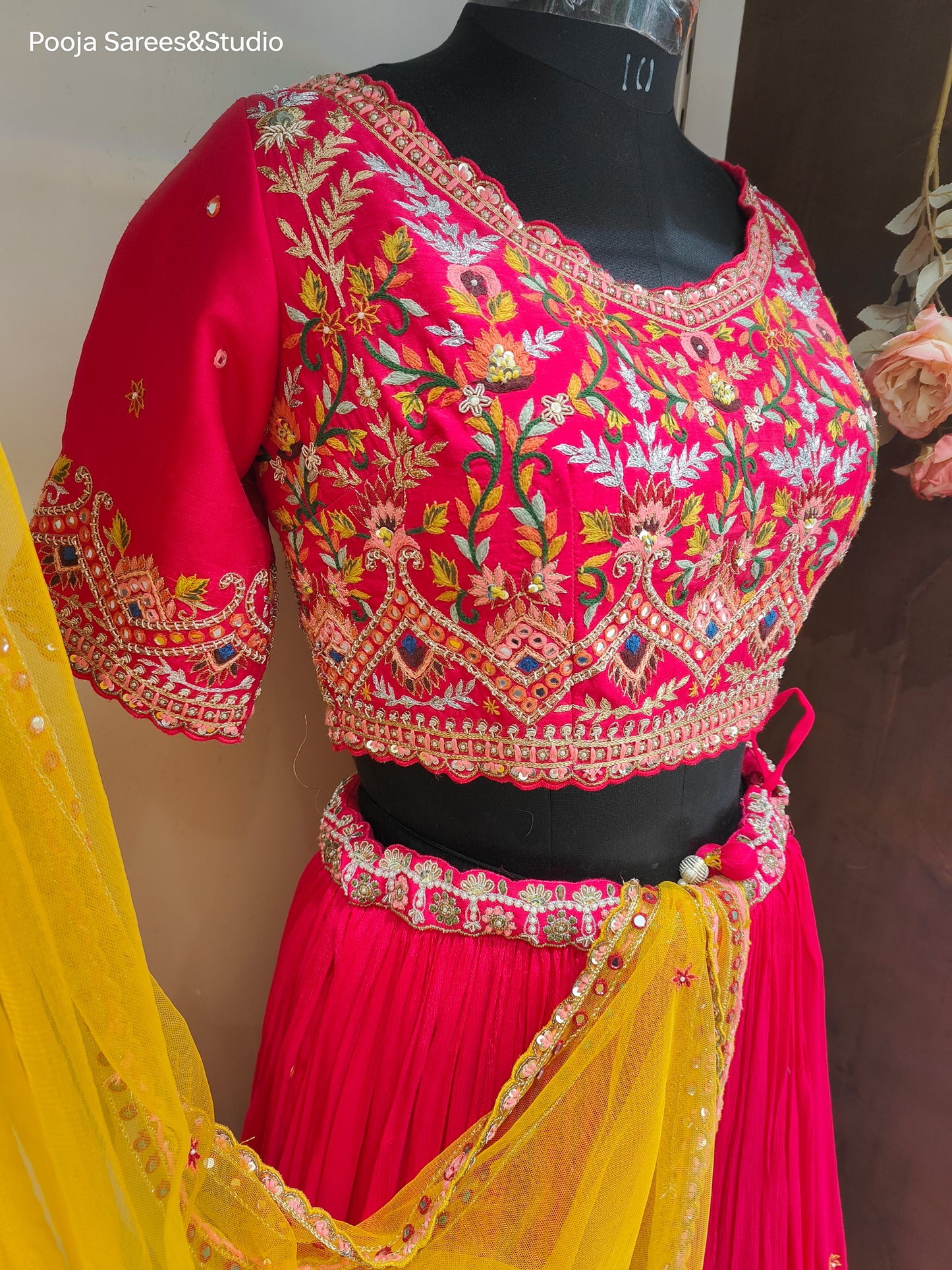 AARSAA Dark Pink Crepe Full Threadwork, Mirror work , Blouse with Flared lehenga and Contrasting Dupatta