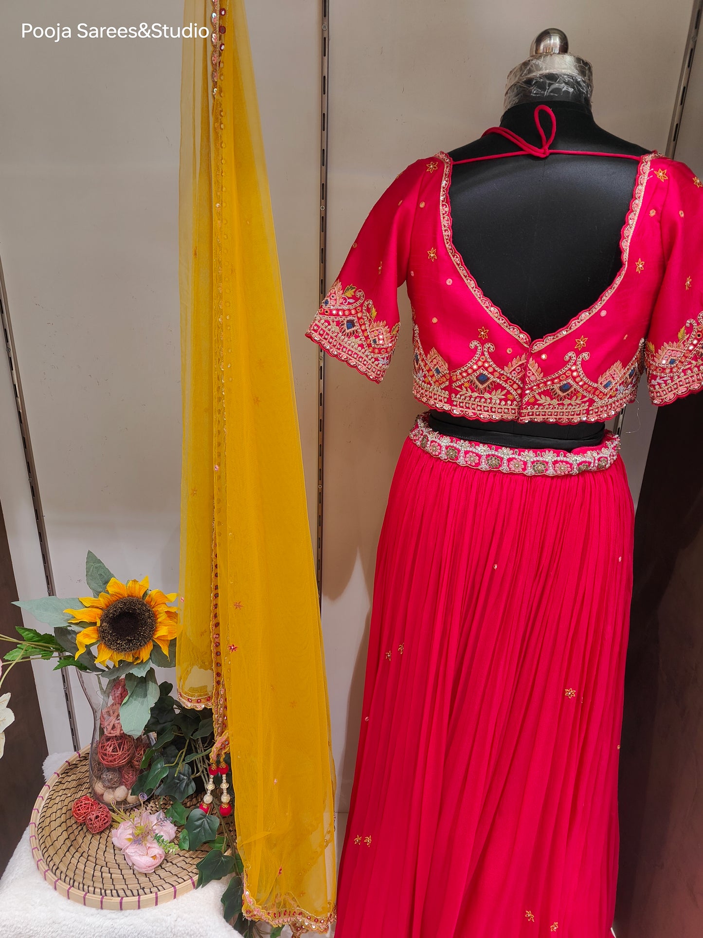 AARSAA Dark Pink Crepe Full Threadwork, Mirror work , Blouse with Flared lehenga and Contrasting Dupatta