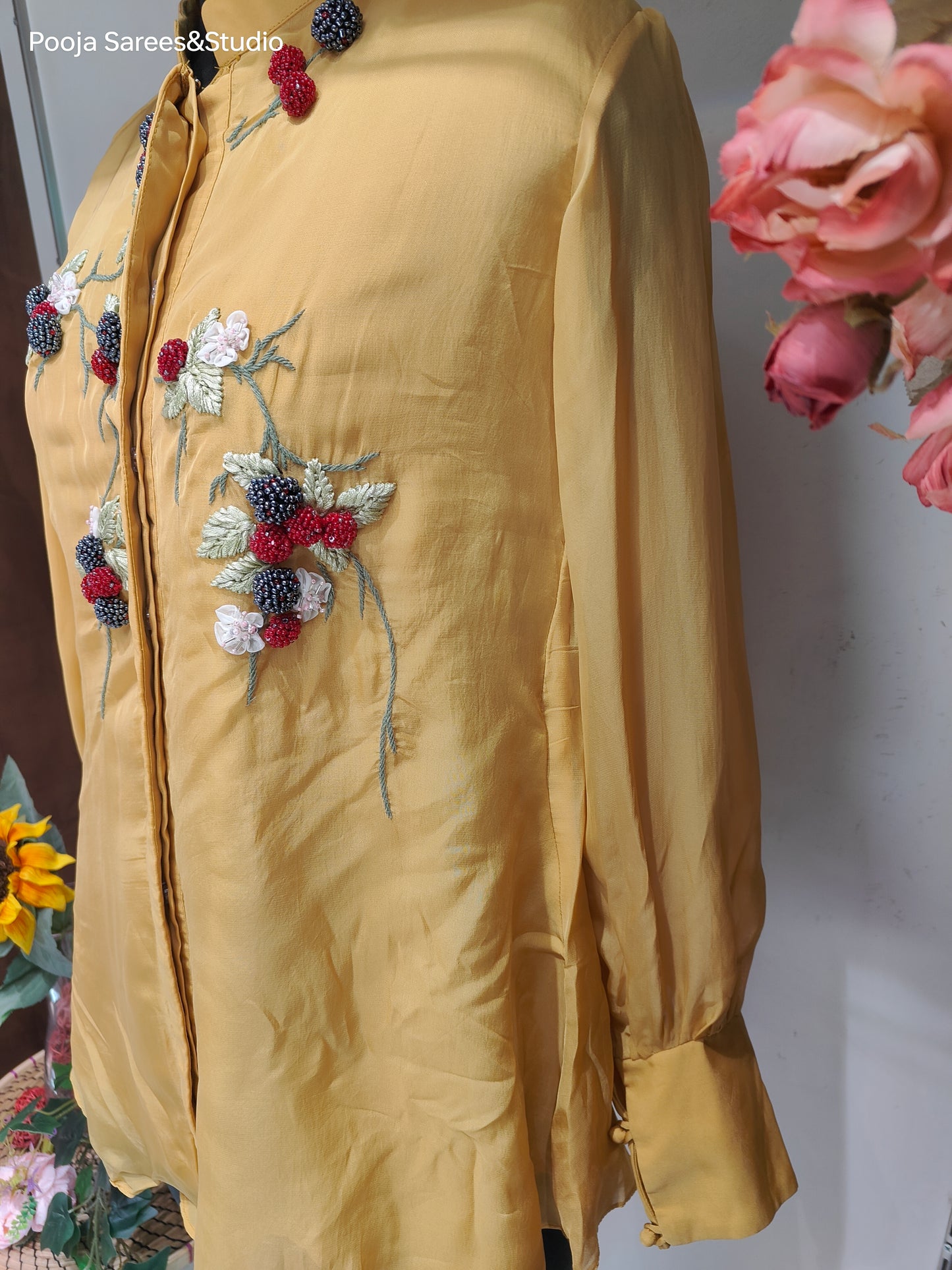 AARSAA Yellow Organza Beads and Threadwork Floral Theme Top