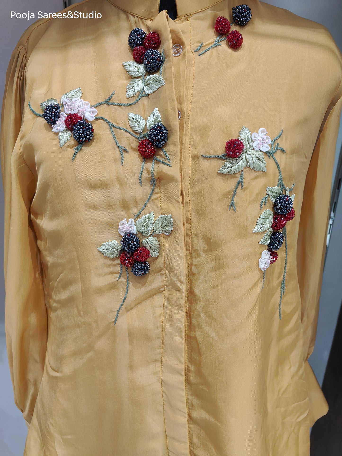 AARSAA Yellow Organza Beads and Threadwork Floral Theme Top