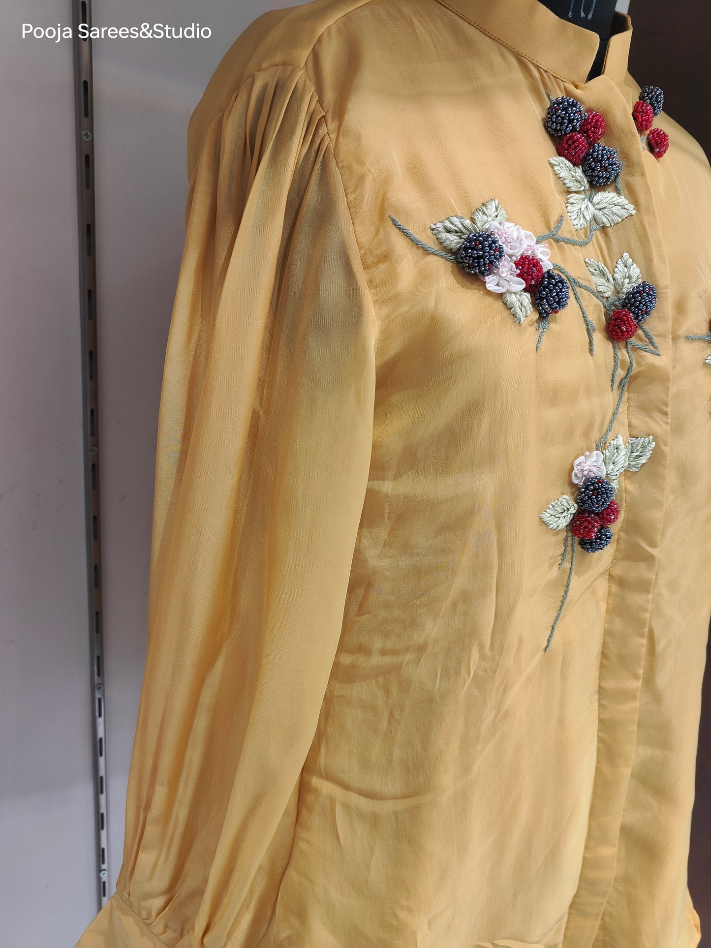 AARSAA Yellow Organza Beads and Threadwork Floral Theme Top