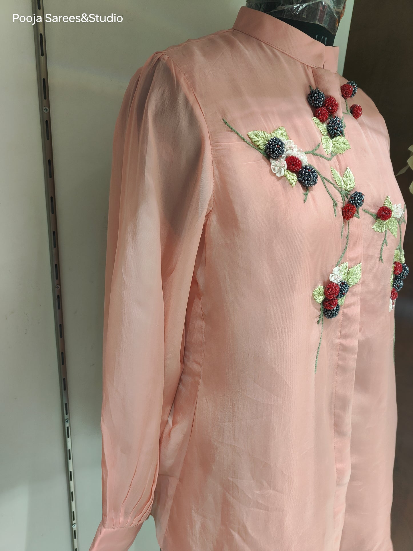 AARSAA Pink Organza Beads and Threadwork Floral Theme Top